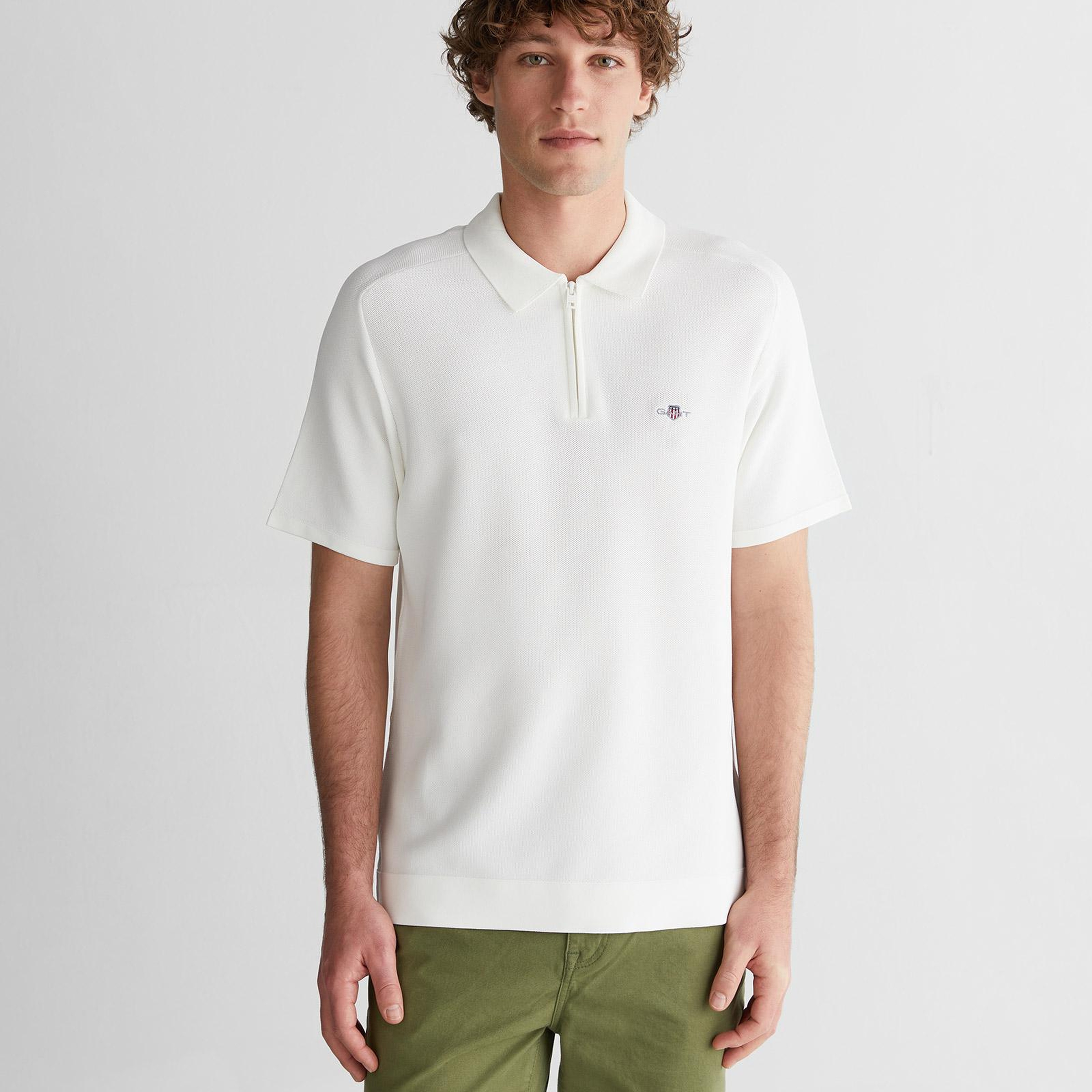 GANT Erkek Beyaz Regular Fit Yarım Fermuarlı Logolu Kazak