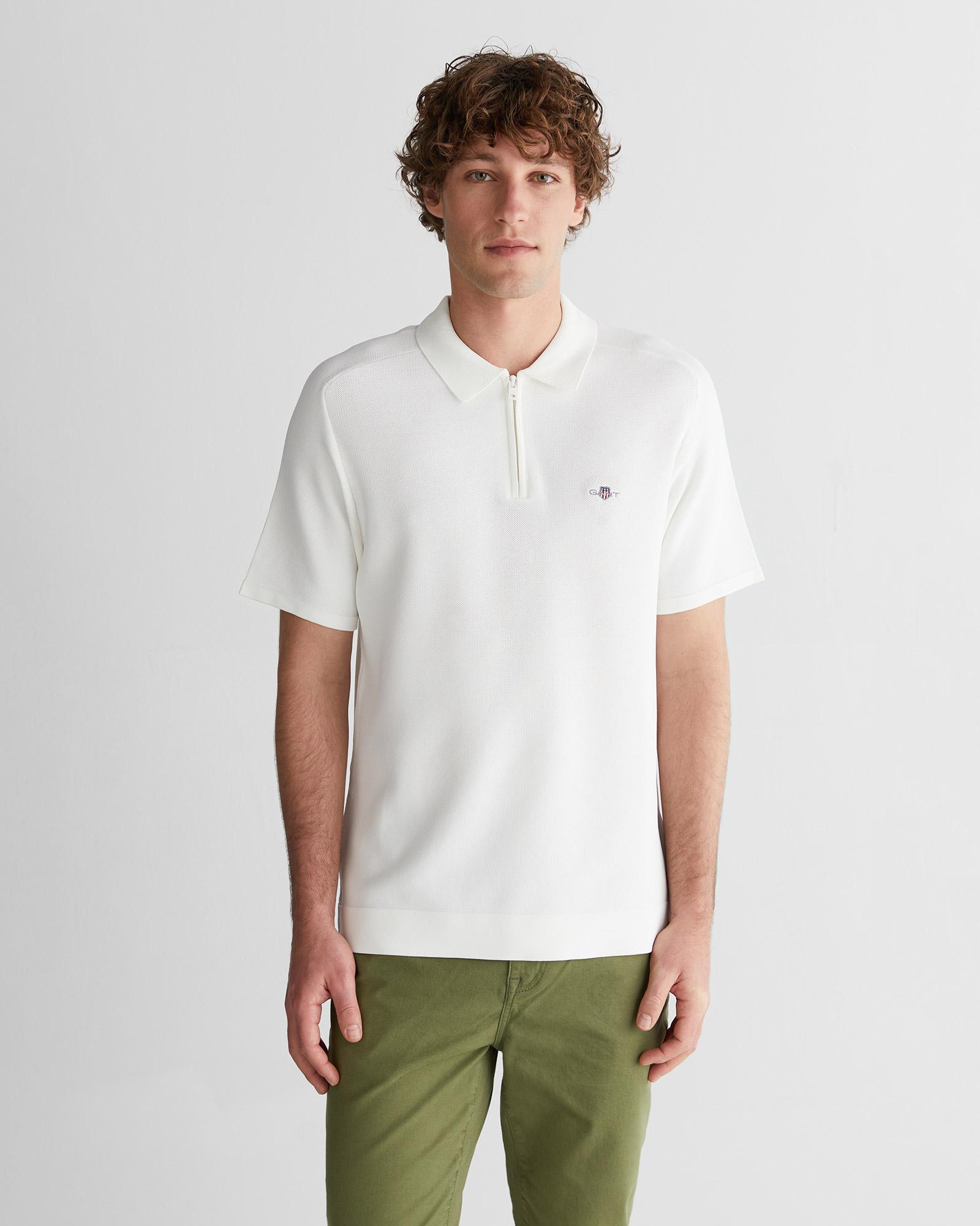 GANT Erkek Beyaz Regular Fit Yarım Fermuarlı Logolu Kazak