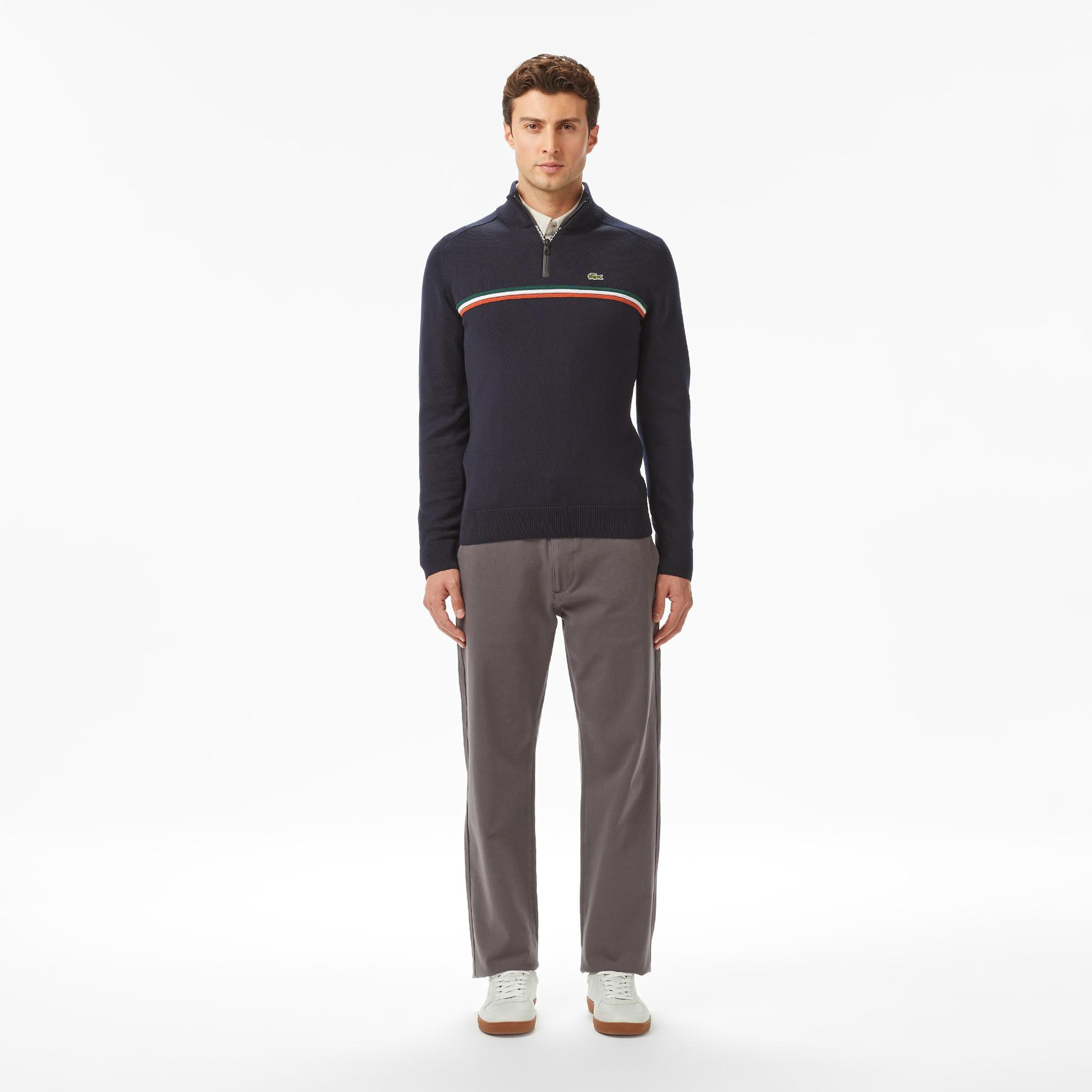 Lacoste Erkek Classic Fit Yarım Fermuarlı Çizgili Lacivert Kazak