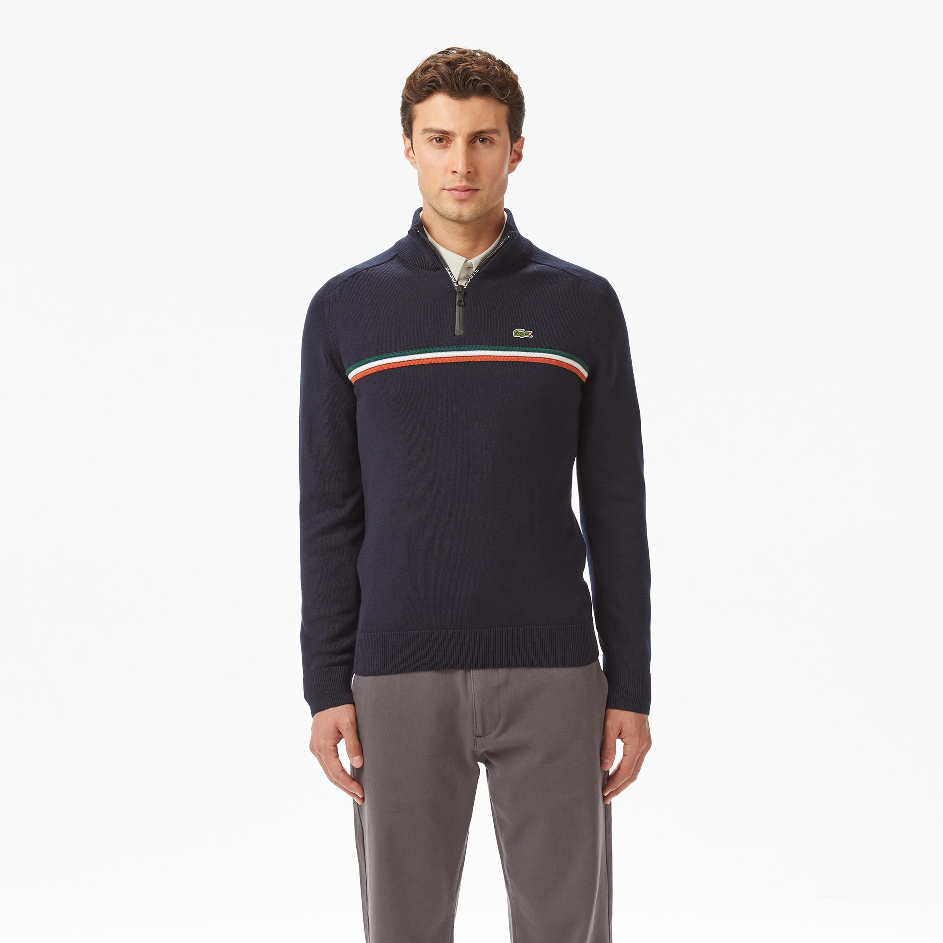 Lacoste Erkek Classic Fit Yarım Fermuarlı Çizgili Lacivert Kazak