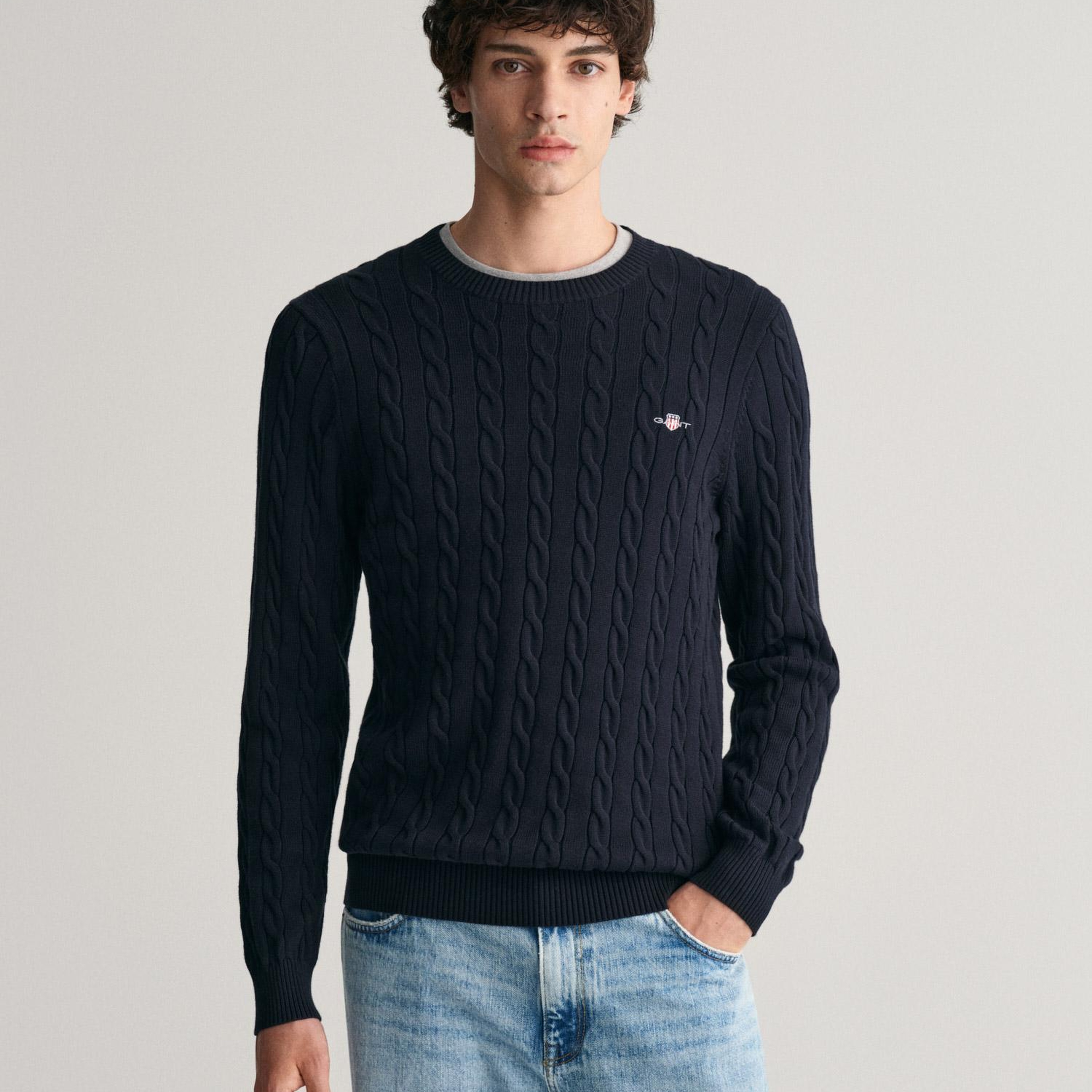 GANT Erkek Lacivert Regular Fit Bisiklet Yaka Örgü Kazak