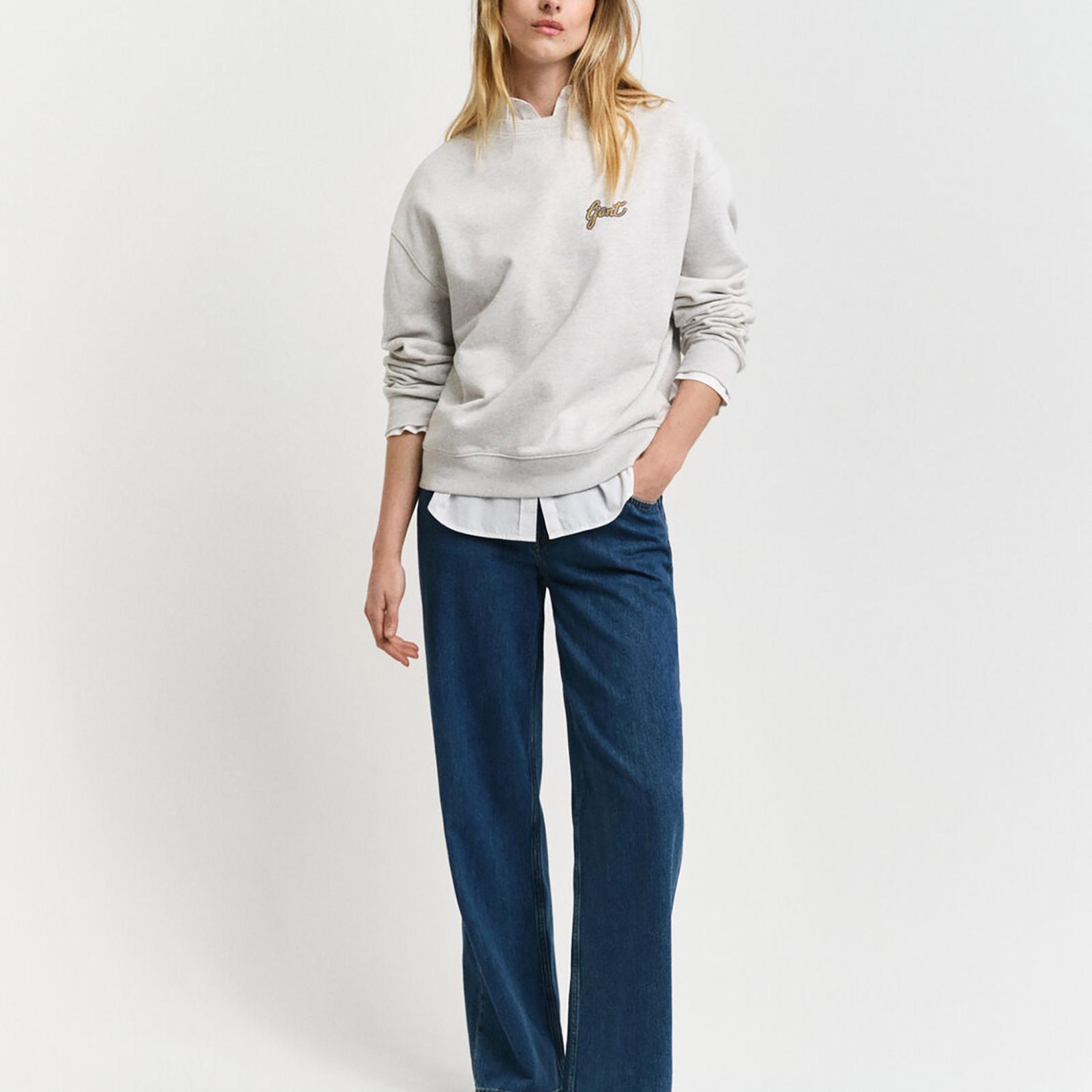 GANT Kadın Gri Loose Fit Bisiklet Yaka Logolu Sweatshirt