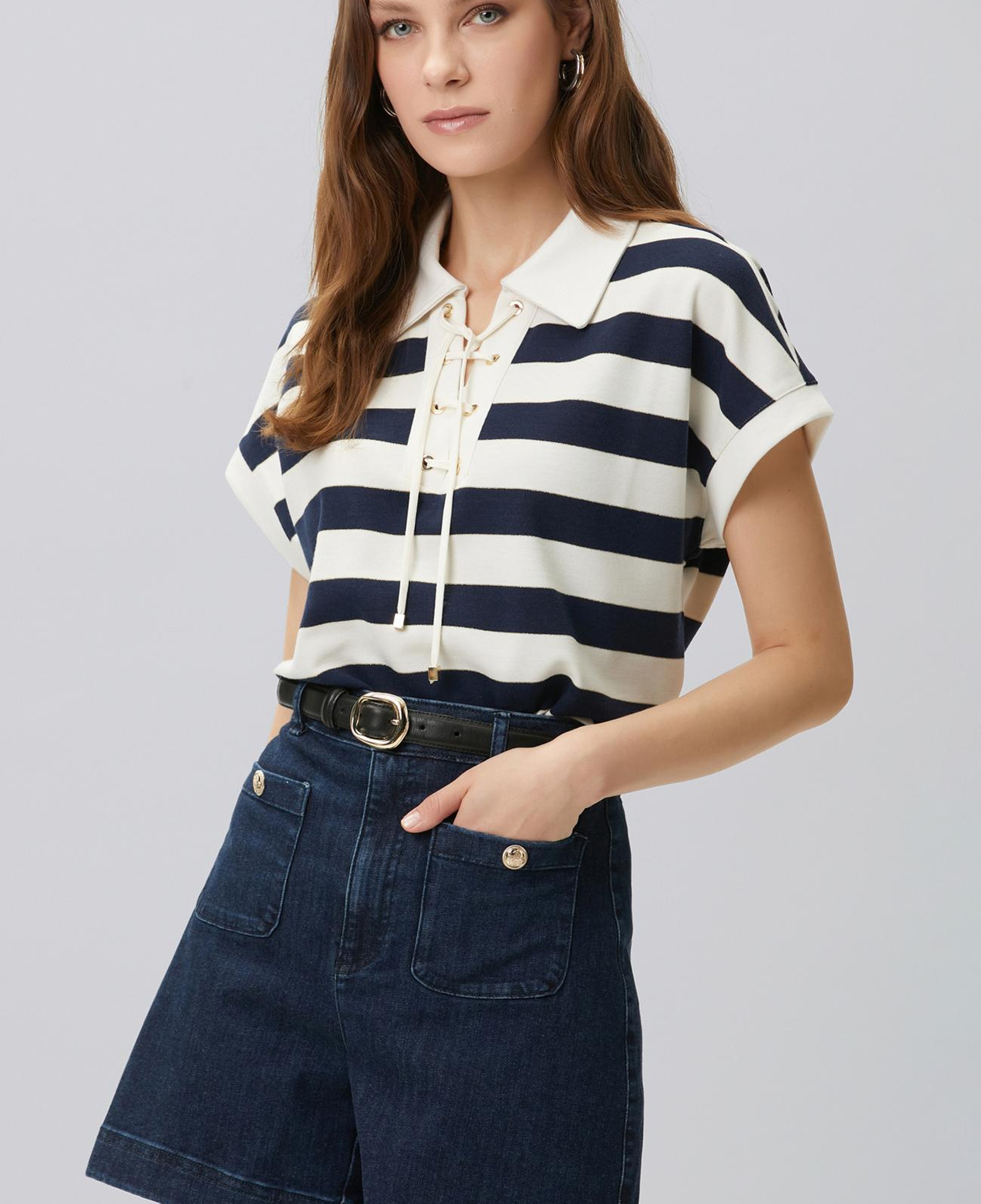 Network Kadın Lacivert Beyaz Çizgili Bağcıklı Polo T-shirt