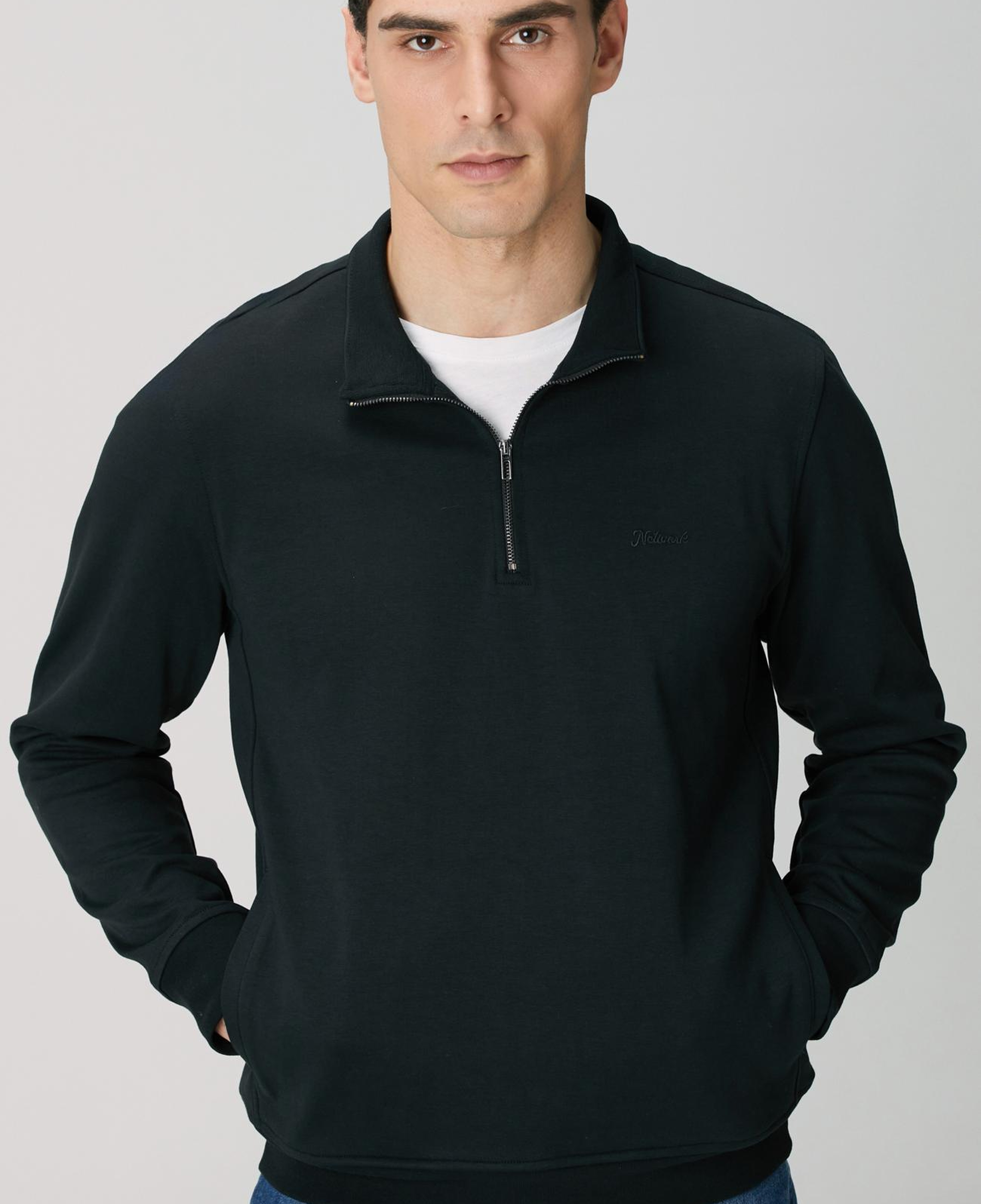Network Erkek Siyah Fermuarlı Sweatshirt