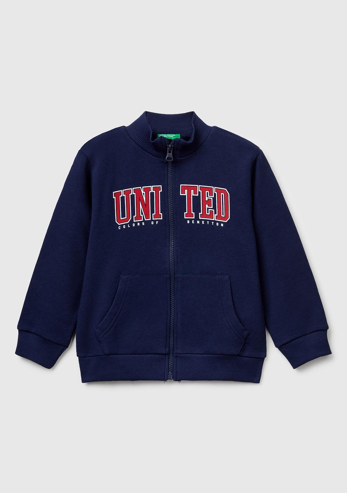 Erkek Çocuk Lacivert Logo Baskılı Cepli Fermuarlı Dik Yaka Sweatshirt
