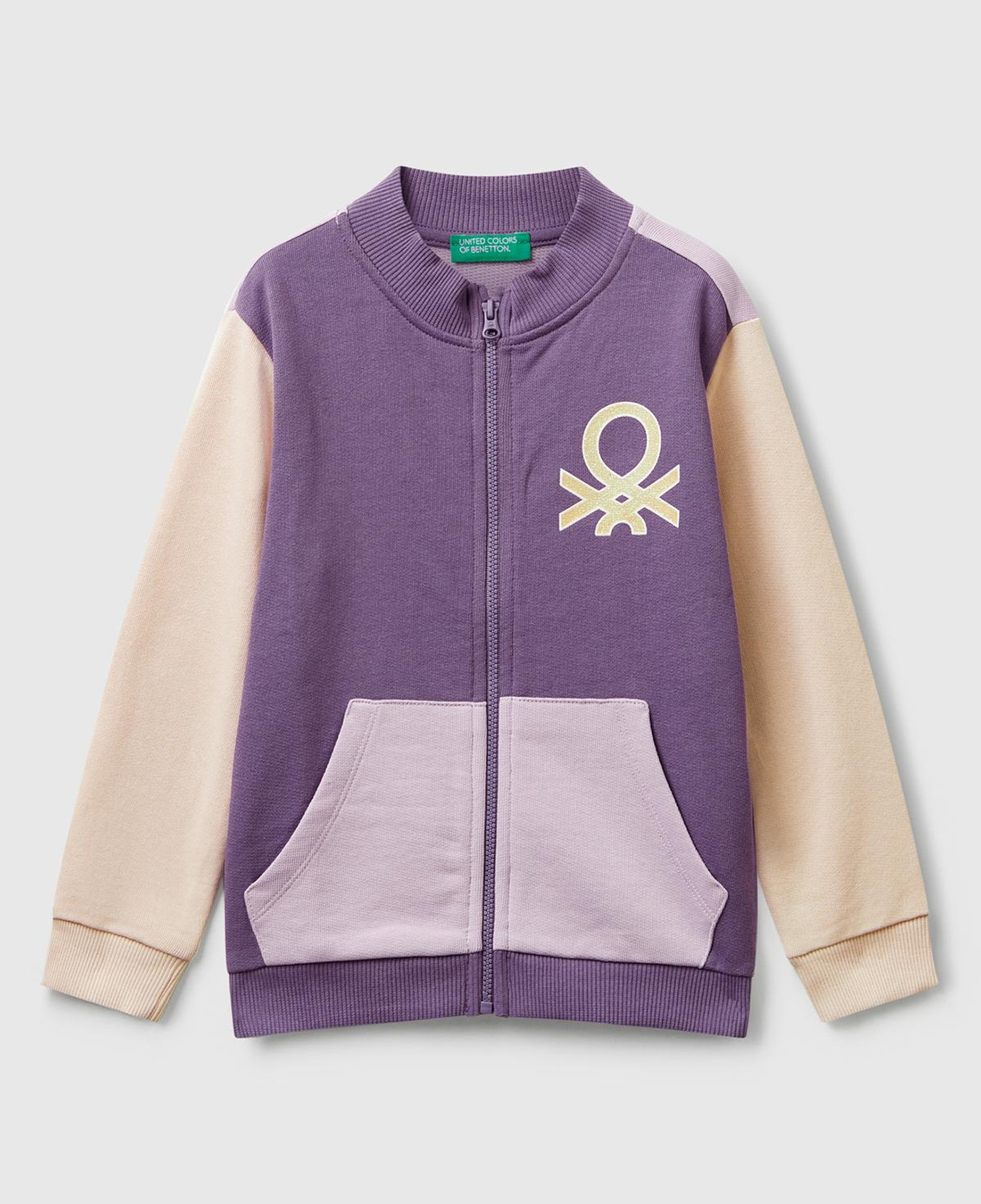 Kız Çocuk Lila-Fuşya-Bej Simli Logo Baskılı Fermuarlı Ribanalı Regular Fit Sweatshirt