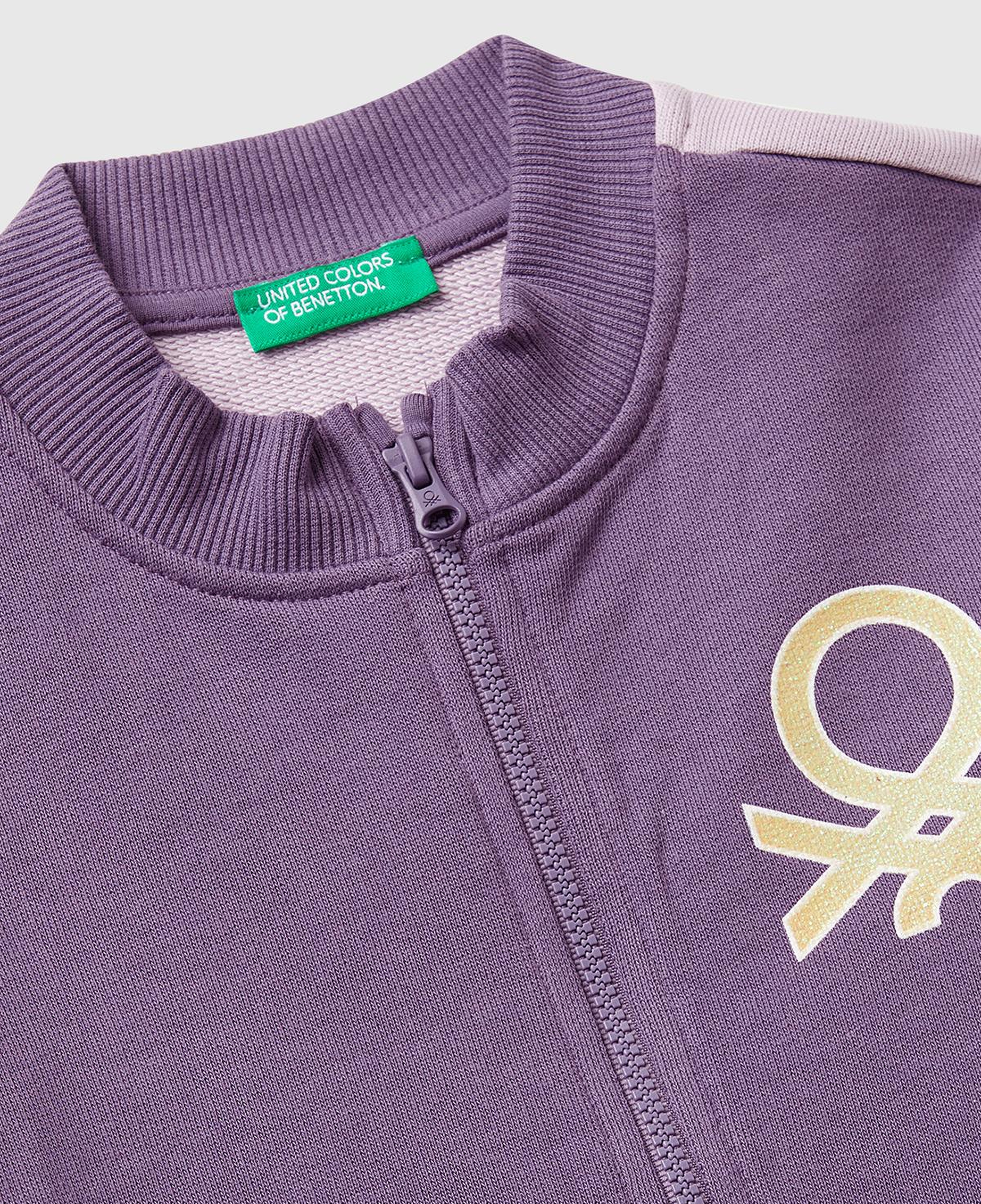 Kız Çocuk Lila-Fuşya-Bej Simli Logo Baskılı Fermuarlı Ribanalı Regular Fit Sweatshirt