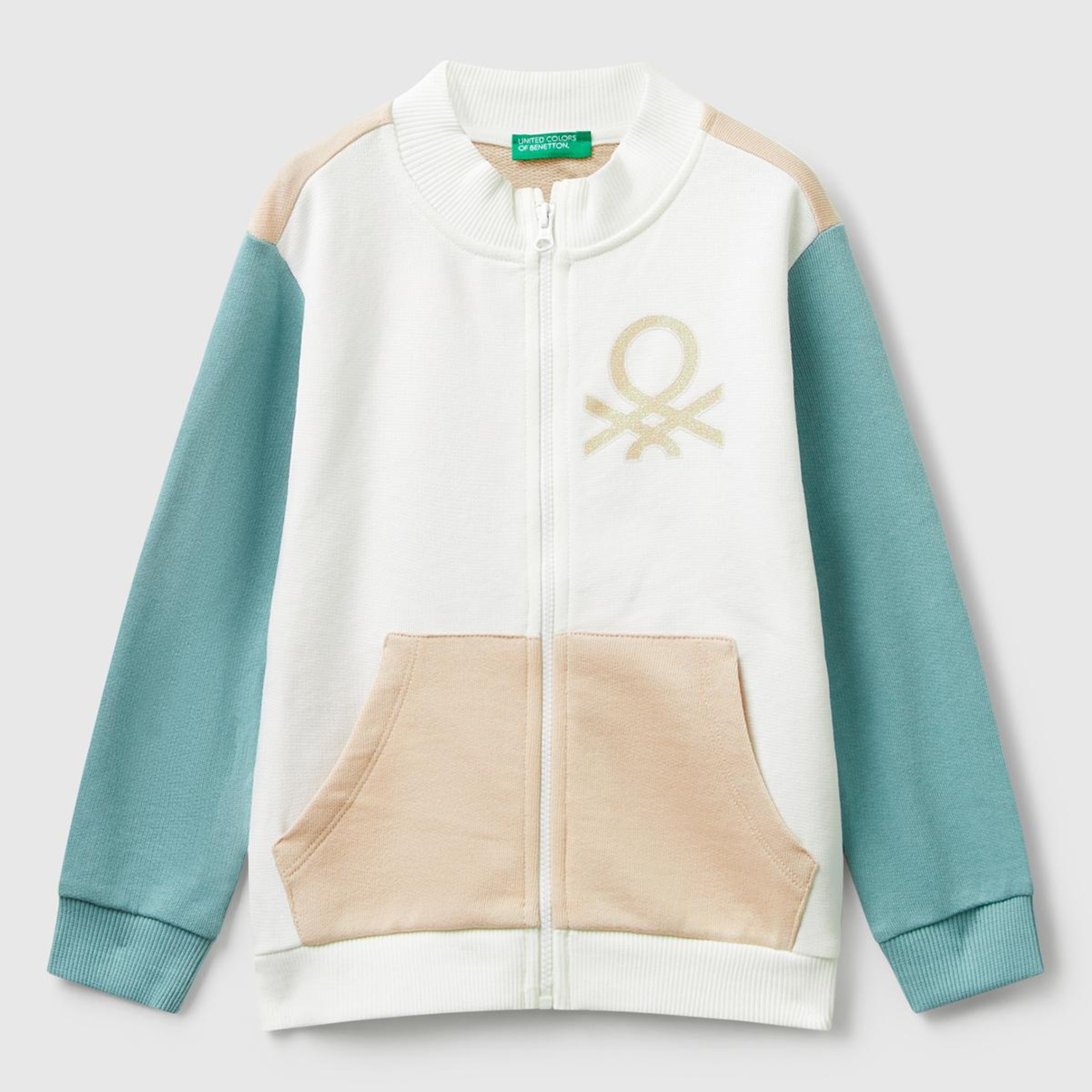 Kız Çocuk Pembe-Beyaz Simli Logo Baskılı Fermuarlı Ribanalı Regular Fit Sweatshirt