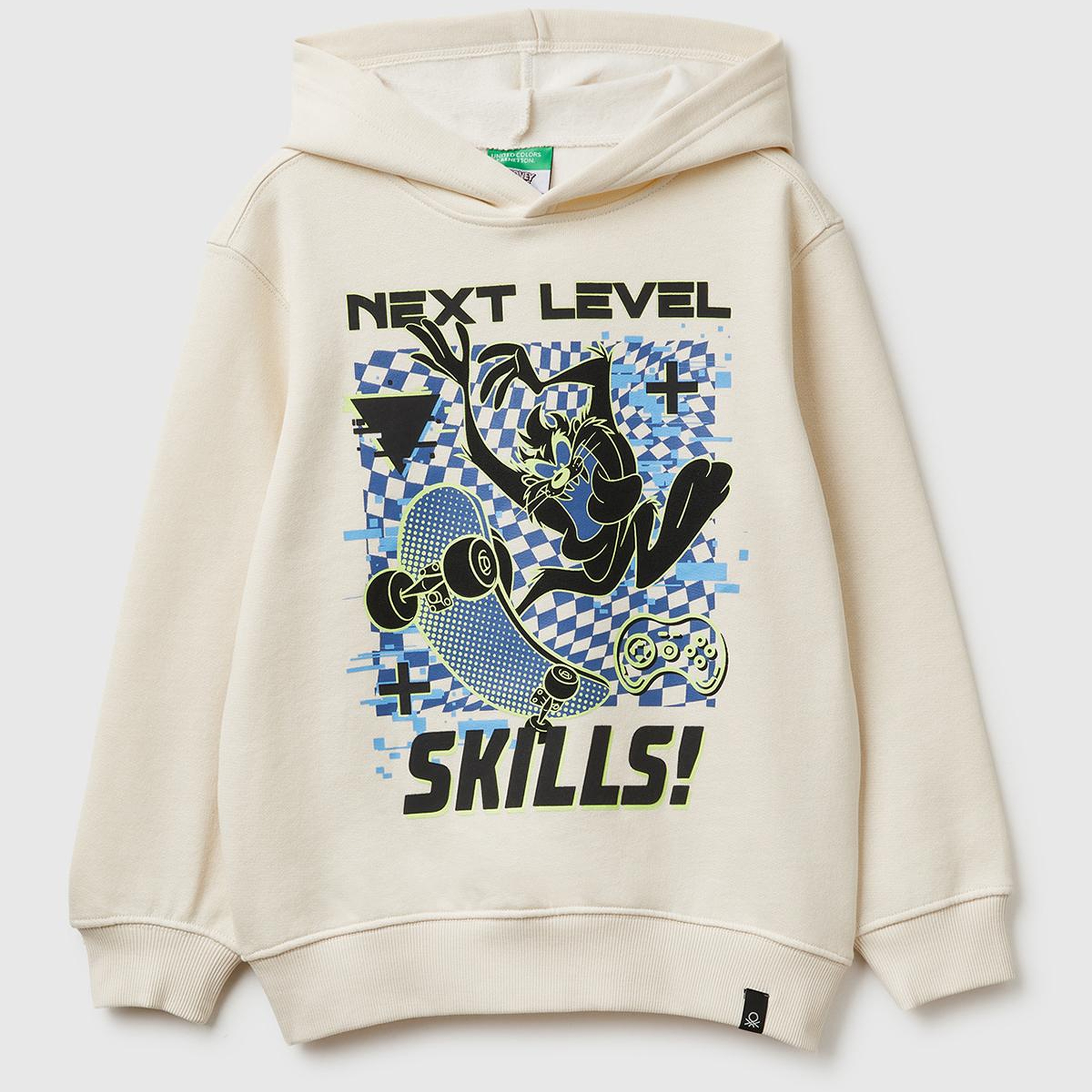 Erkek Çocuk Krem Tazmanya Baskılı Ribanalı Kapüşonlu Oversize Sweatshirt