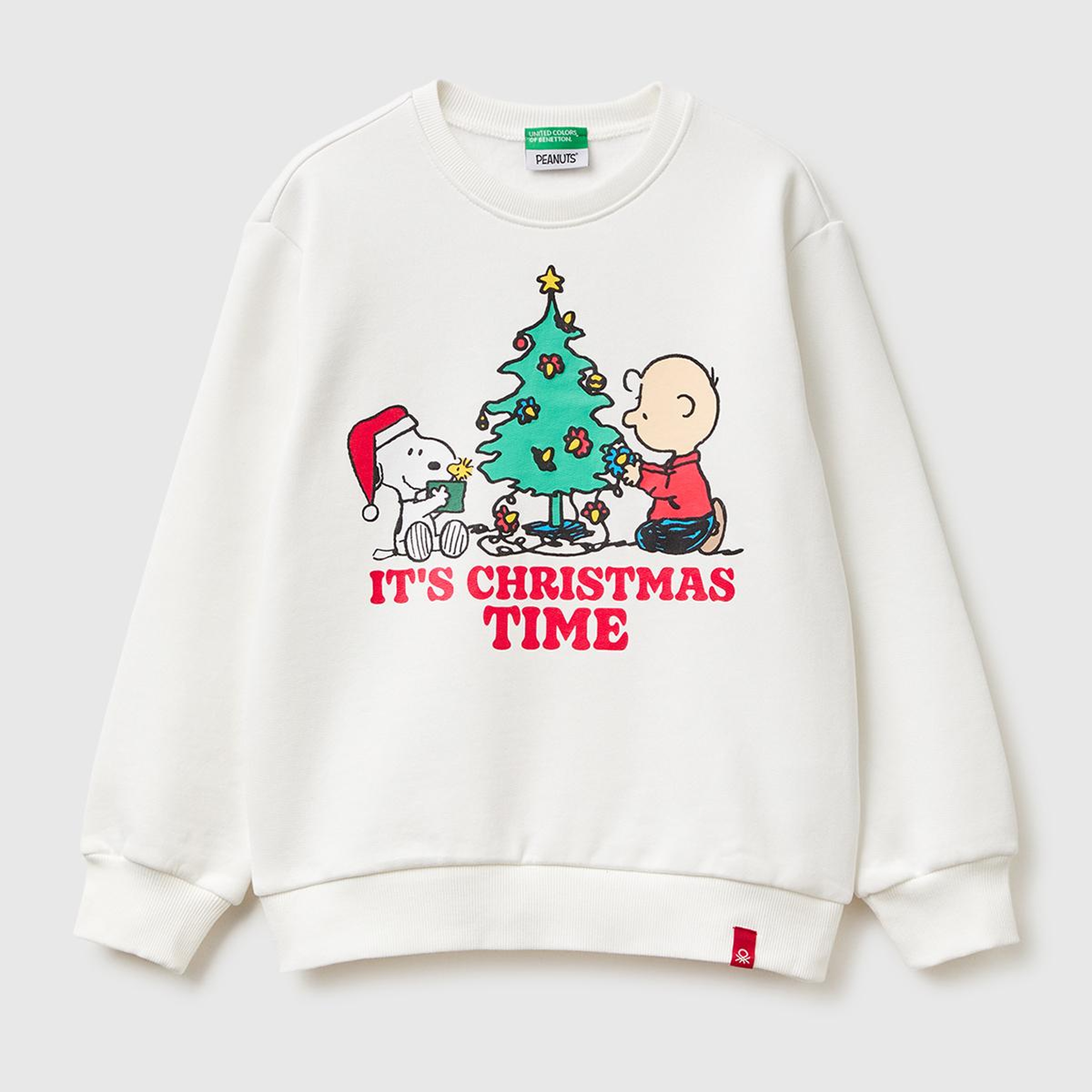 Erkek Çocuk Ekru Peanuts Yılbaşı Baskılı Logo Etiketli Kabartmalı Ribanalı Şardonlu Sweatshirt