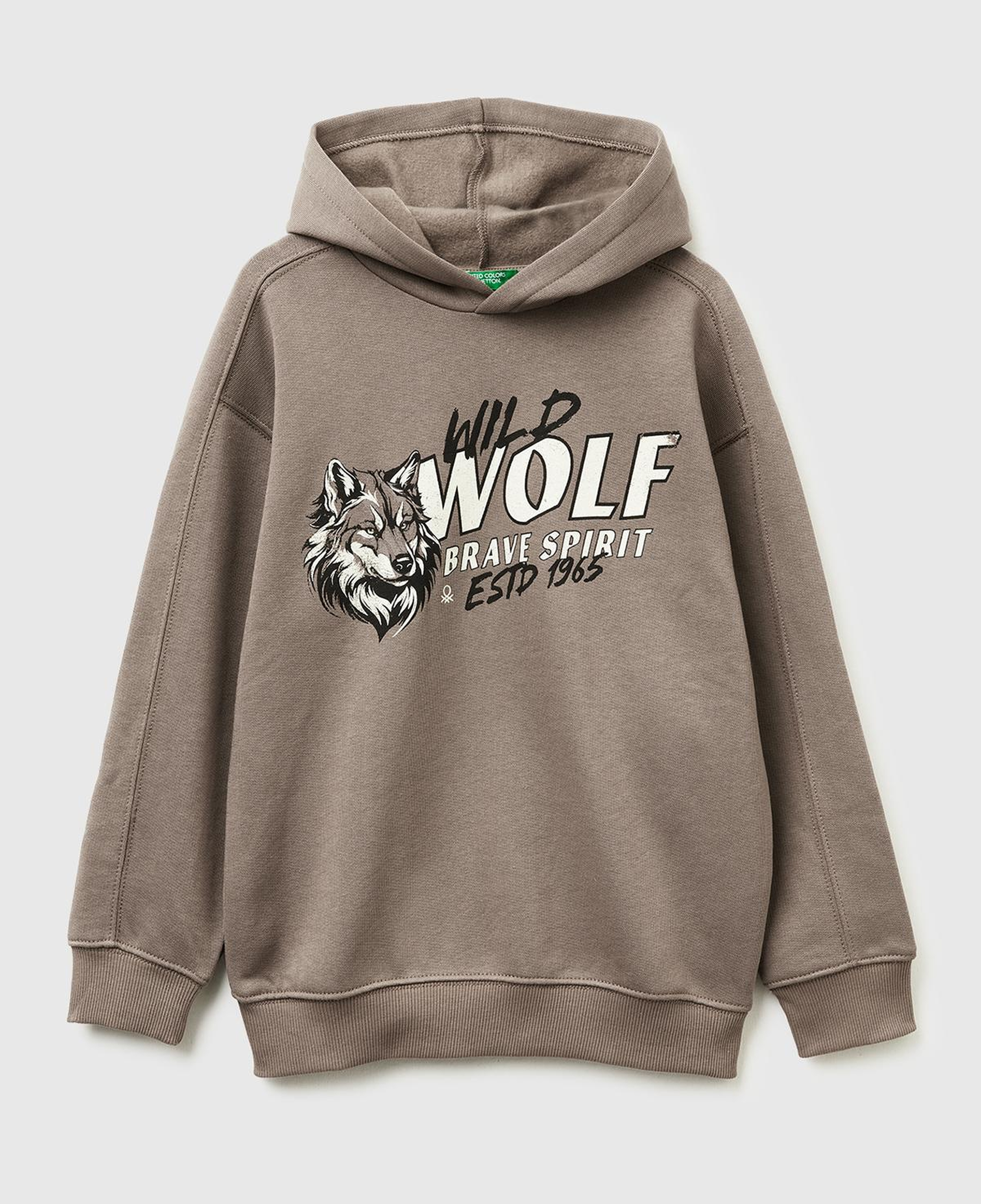 Erkek Çocuk Haki Kahve Önü Baskılı Düşük Omuzlu Kapüşonlu Sweatshirt