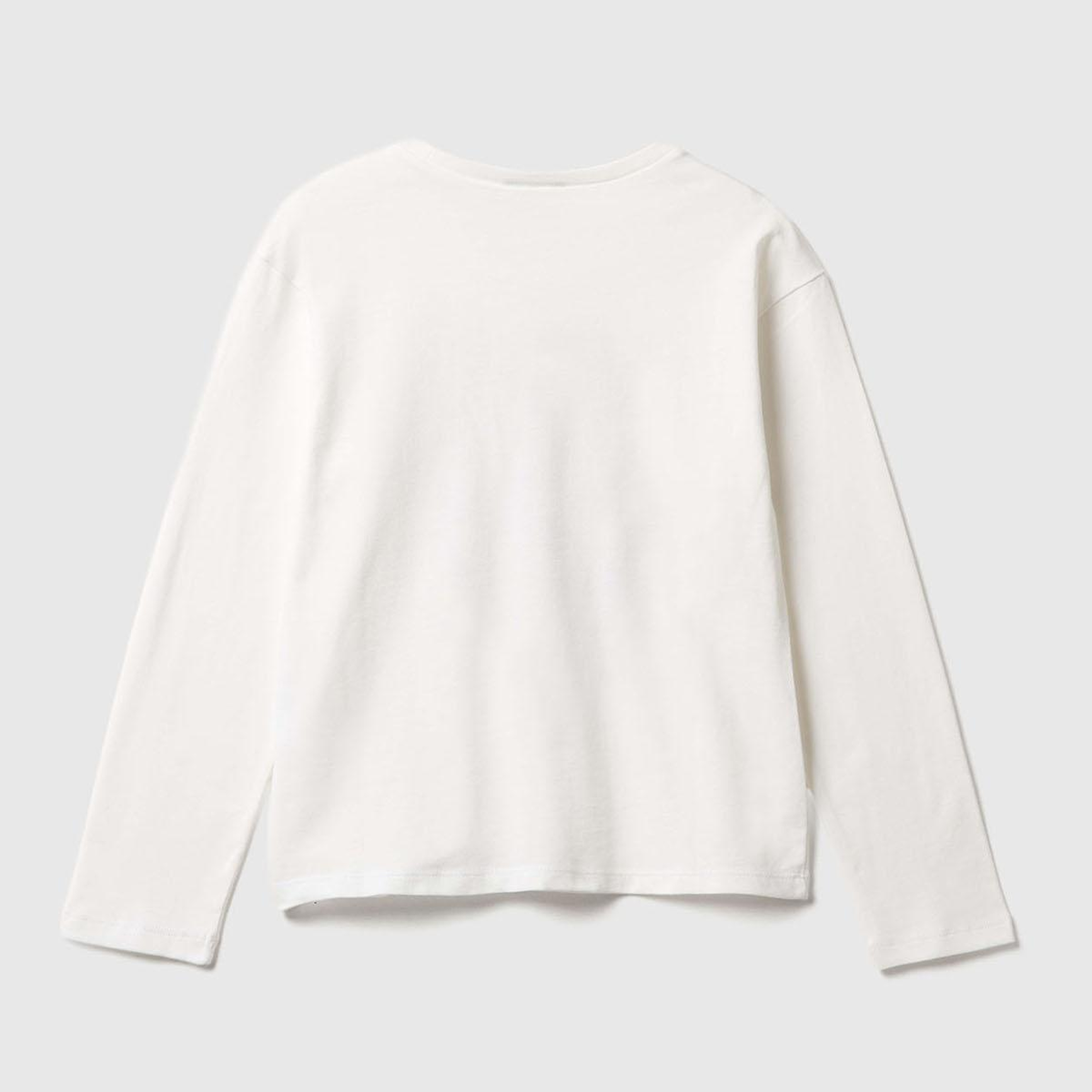 Kız Çocuk Ekru Önü Baskılı Ribana Yakalı Relaxed Fit Uzun Kollu T-shirt