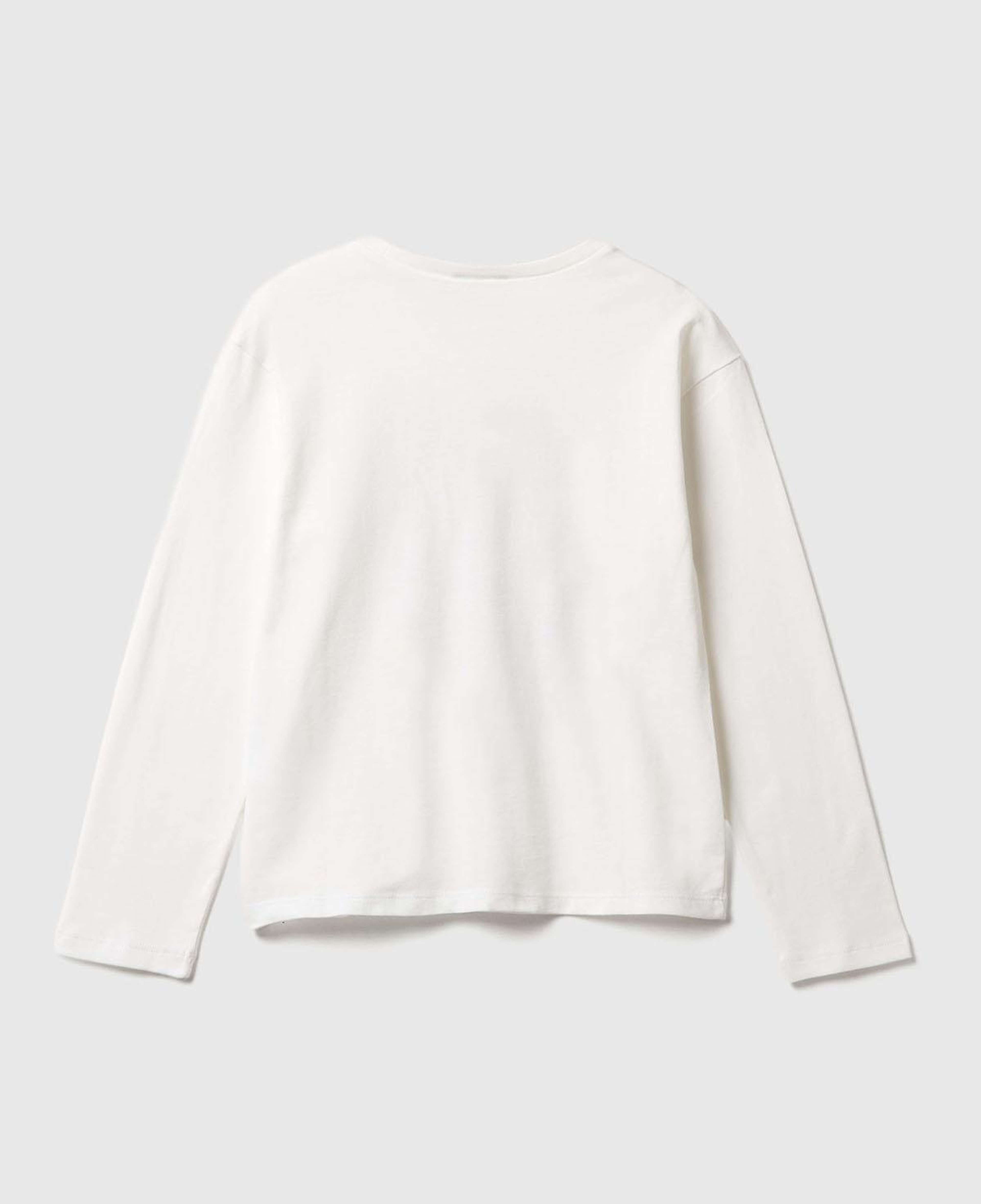 Kız Çocuk Ekru Önü Baskılı Ribana Yakalı Relaxed Fit Uzun Kollu T-shirt