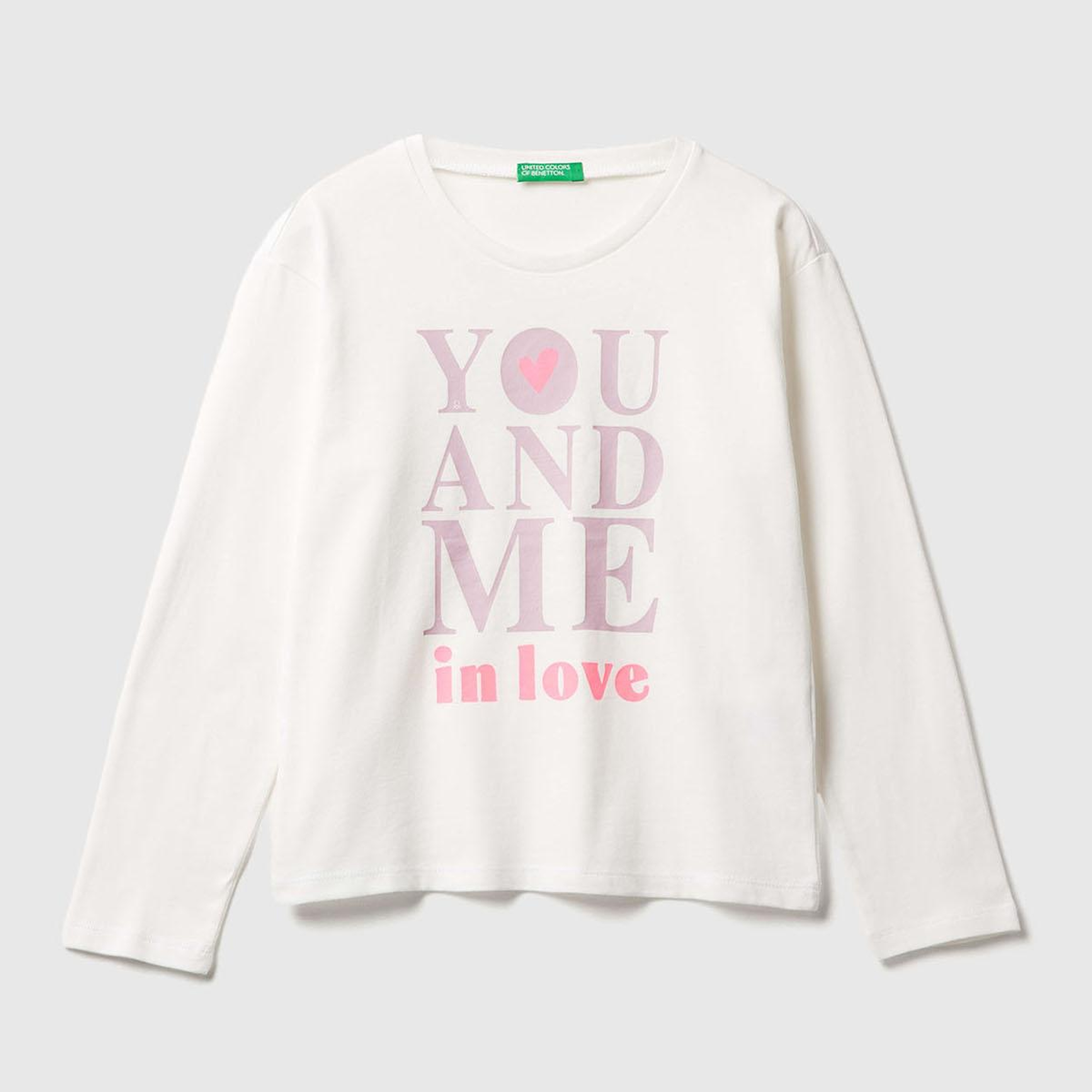 Kız Çocuk Ekru Önü Baskılı Ribana Yakalı Relaxed Fit Uzun Kollu T-shirt