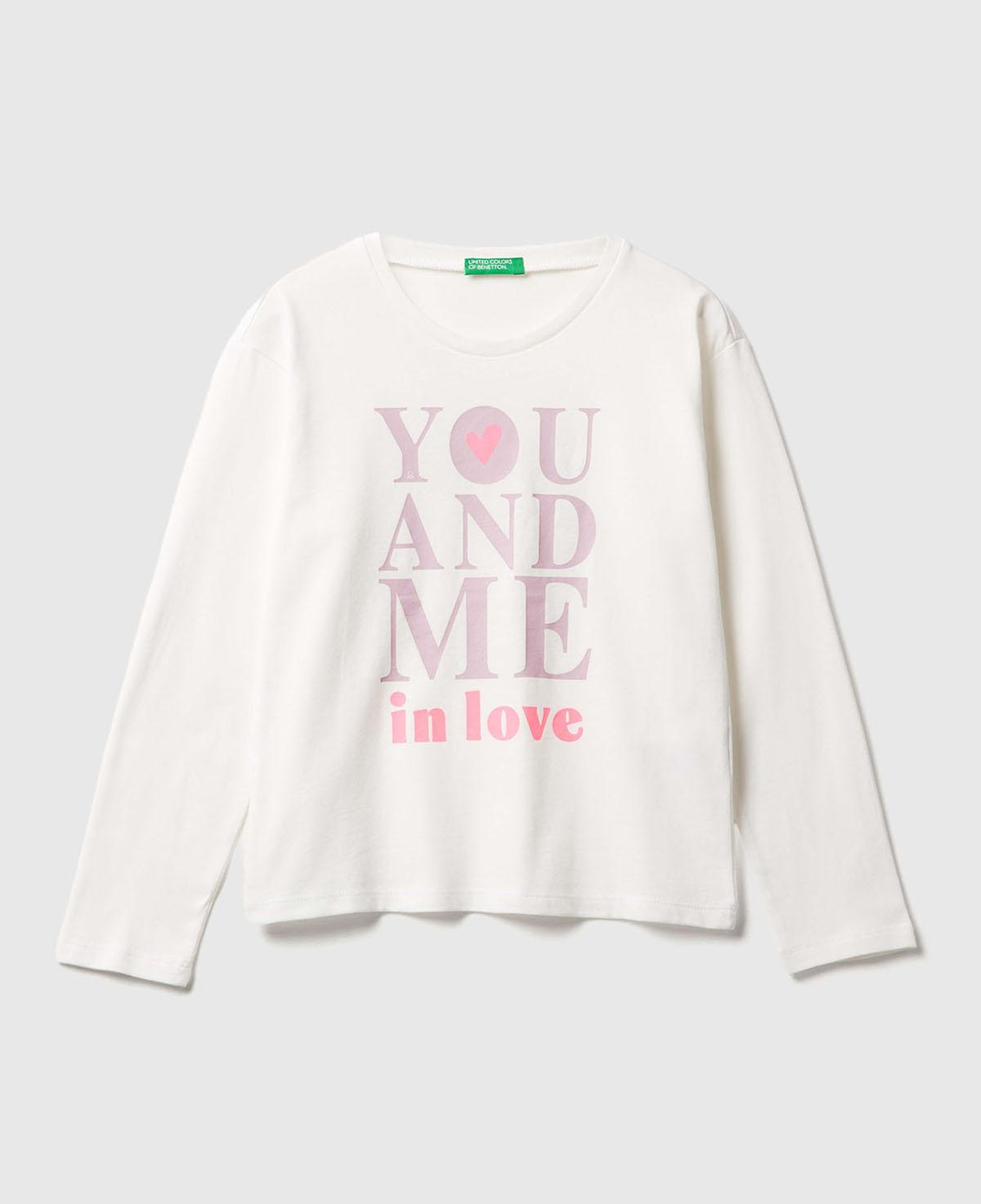 Kız Çocuk Ekru Önü Baskılı Ribana Yakalı Relaxed Fit Uzun Kollu T-shirt