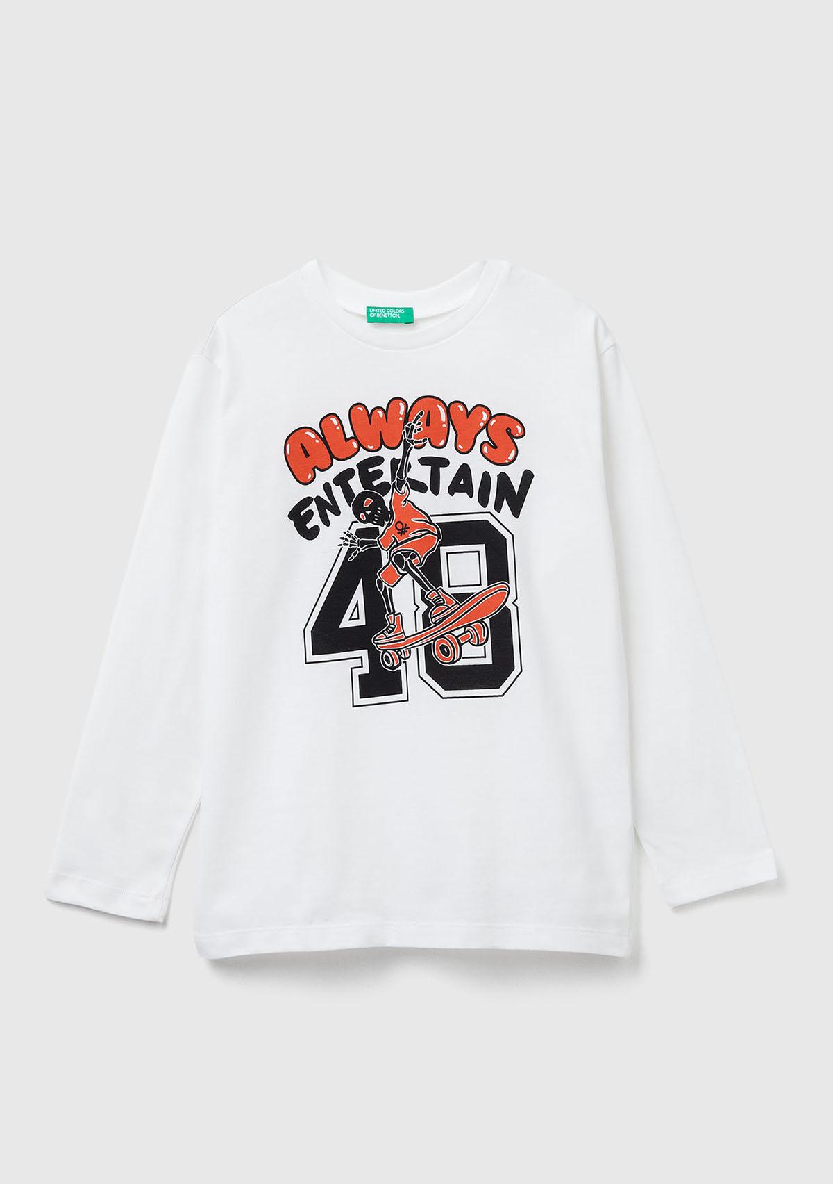 Erkek Çocuk Ekru Önü Baskılı Bisiklet Yaka Uzun Kollu T-shirt