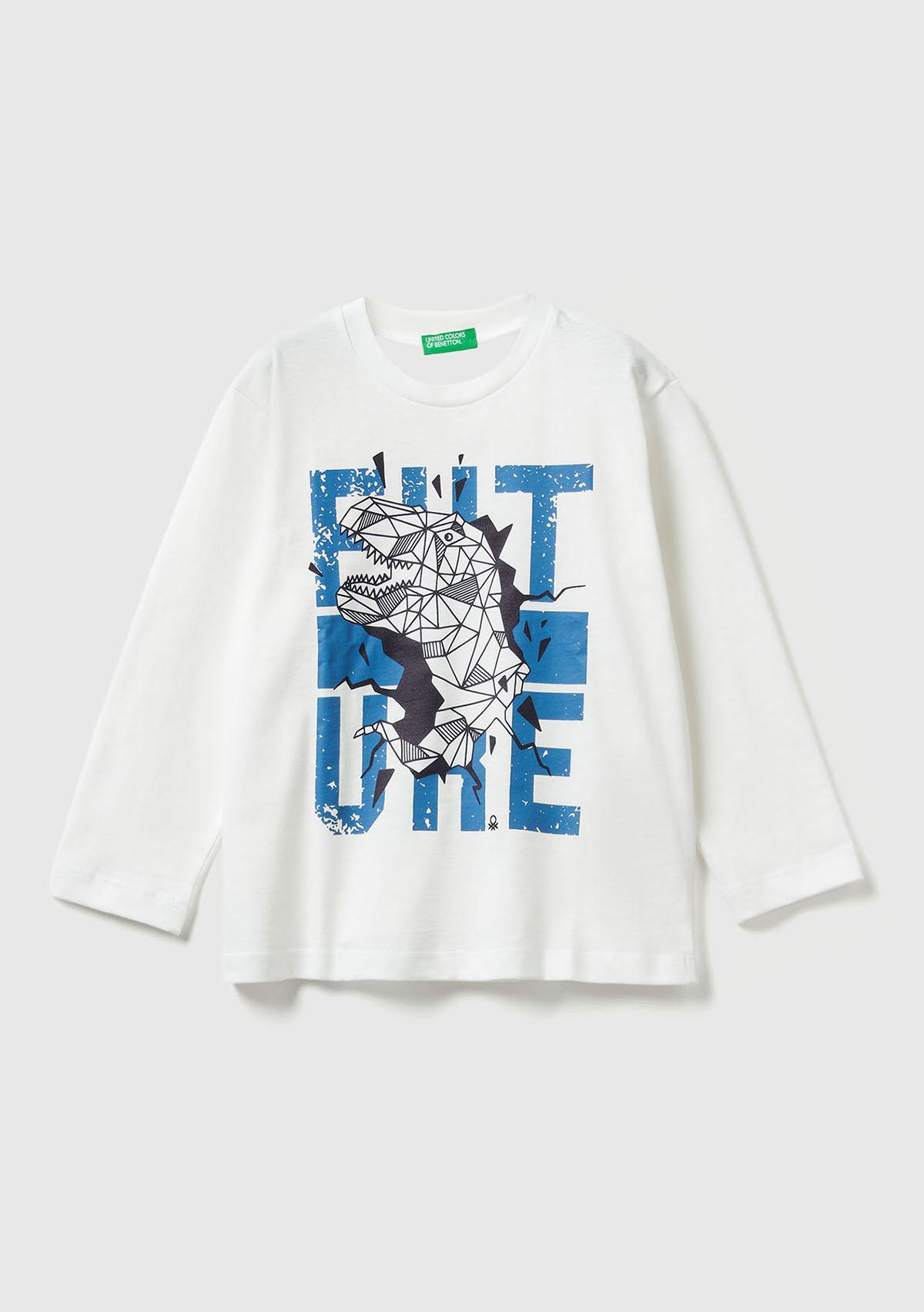 Erkek Çocuk Ekru Baskılı Relaxed Fit Uzun Kollu T-shirt