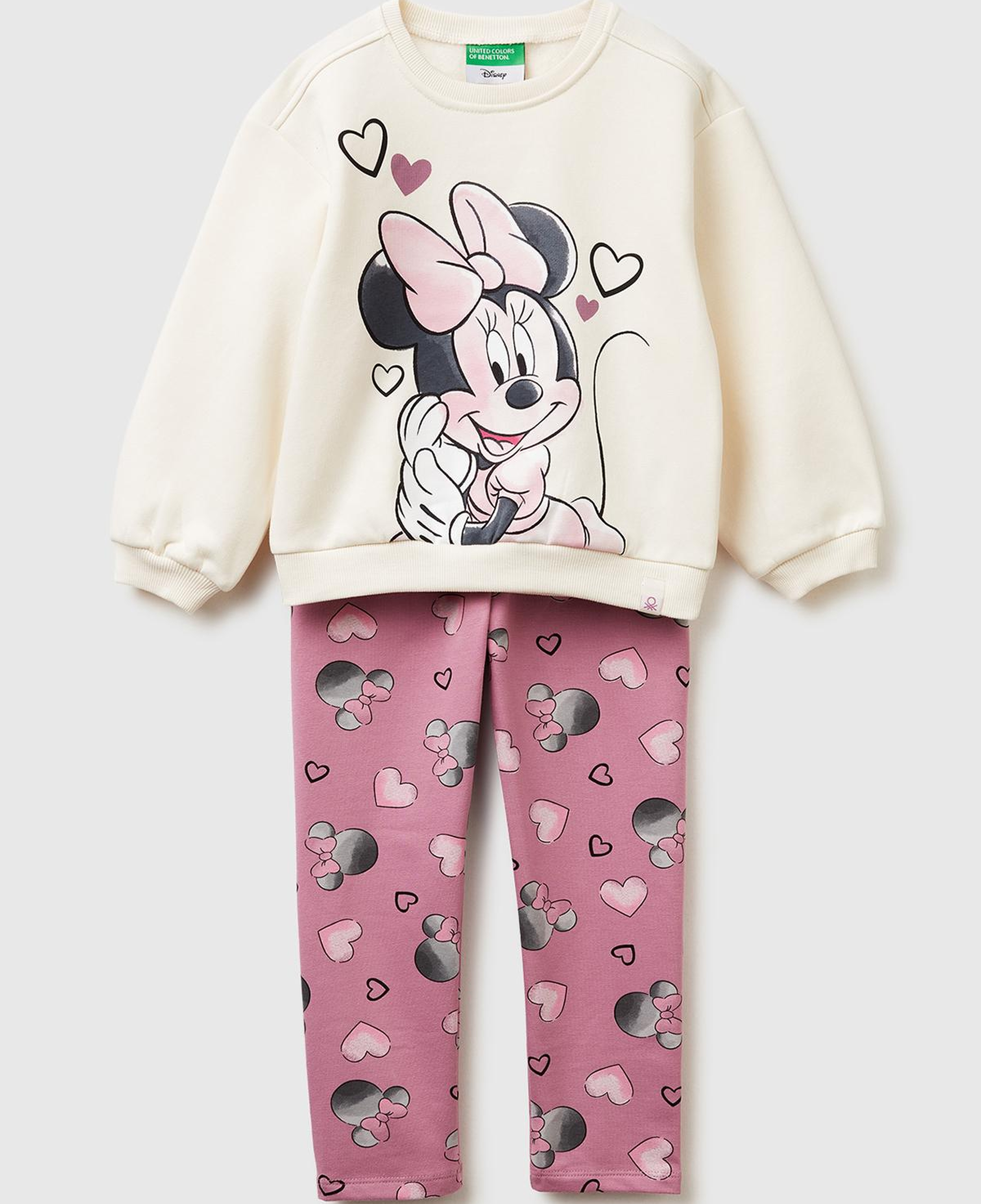 Kız Çocuk Ekru Mix Önü Baskılı Sweatshirt ve Tamamı Desenli Pantolon Takım