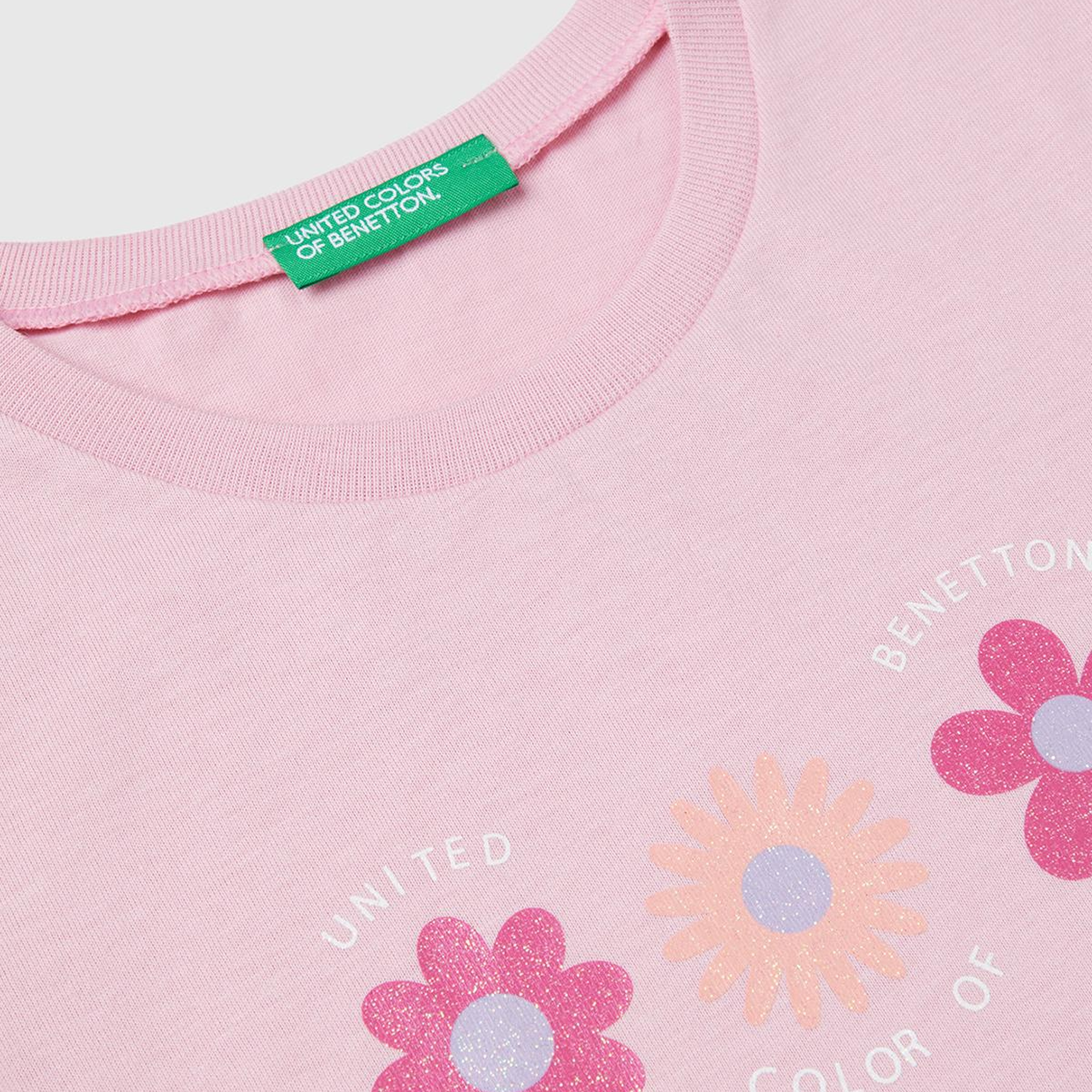 Kız Çocuk Pembe Simli Benetton Logo Baskılı T-Shirt
