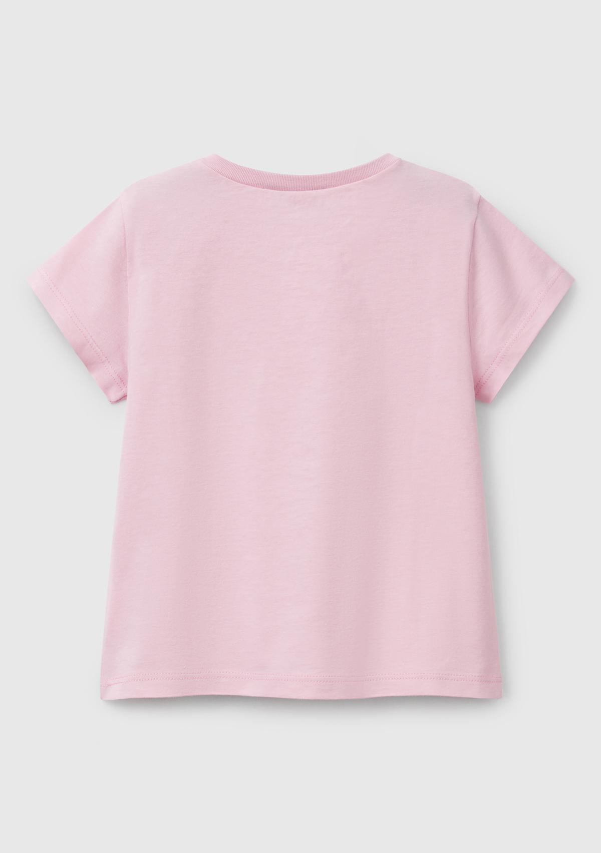 Kız Çocuk Pembe Simli Benetton Logo Baskılı T-Shirt