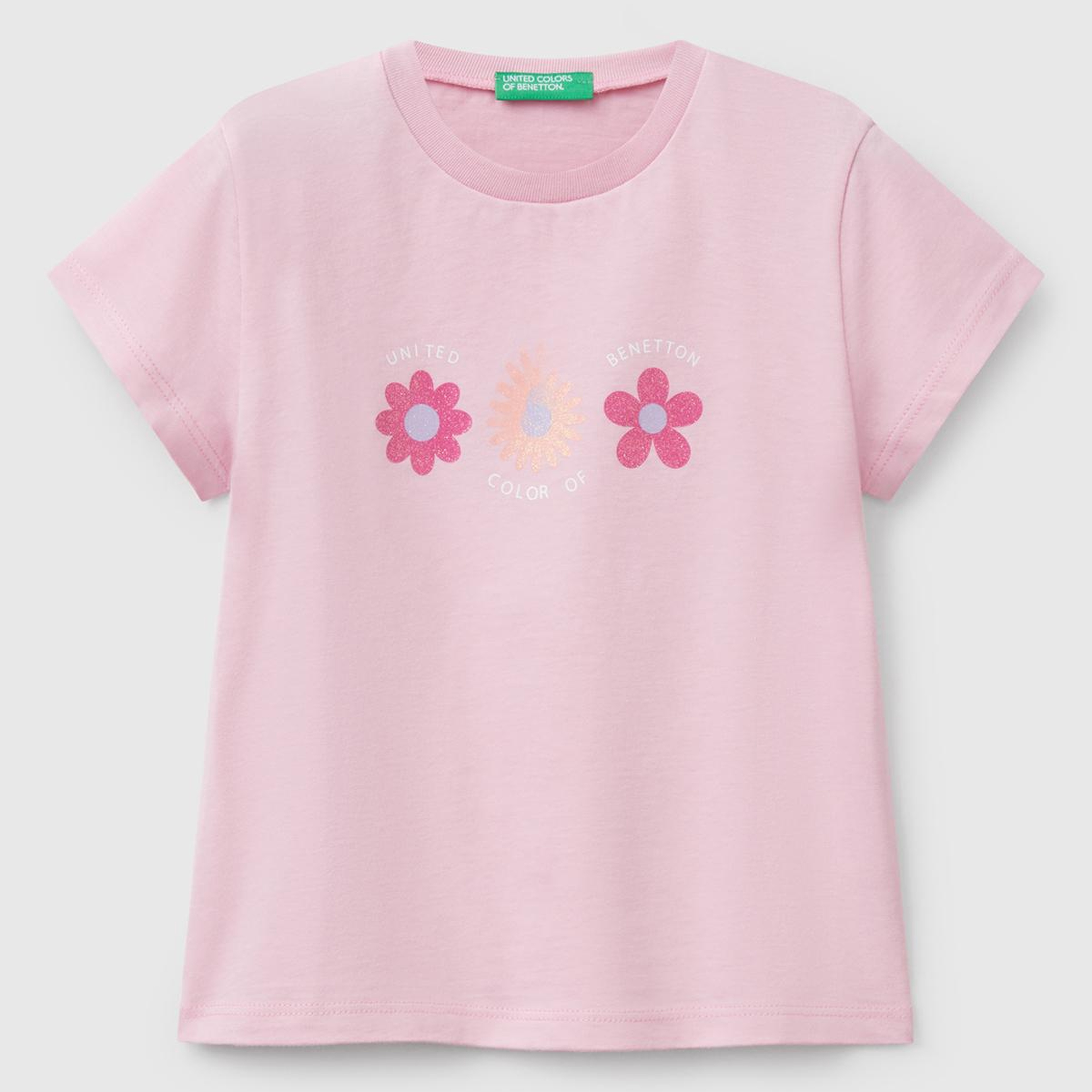 Kız Çocuk Pembe Simli Benetton Logo Baskılı T-Shirt