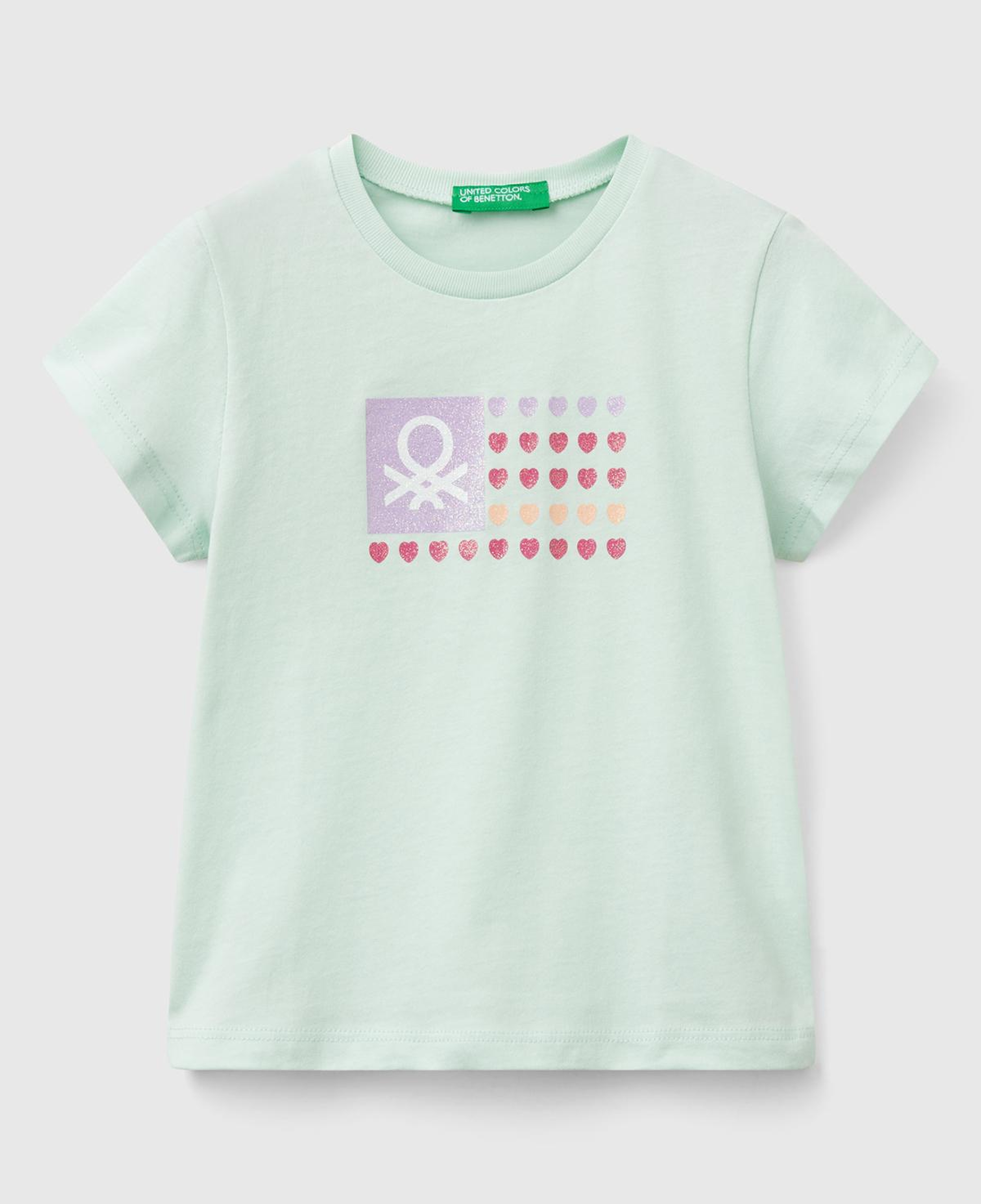 Kız Çocuk Su Yeşili Simli Benetton Logo Baskılı T-Shirt