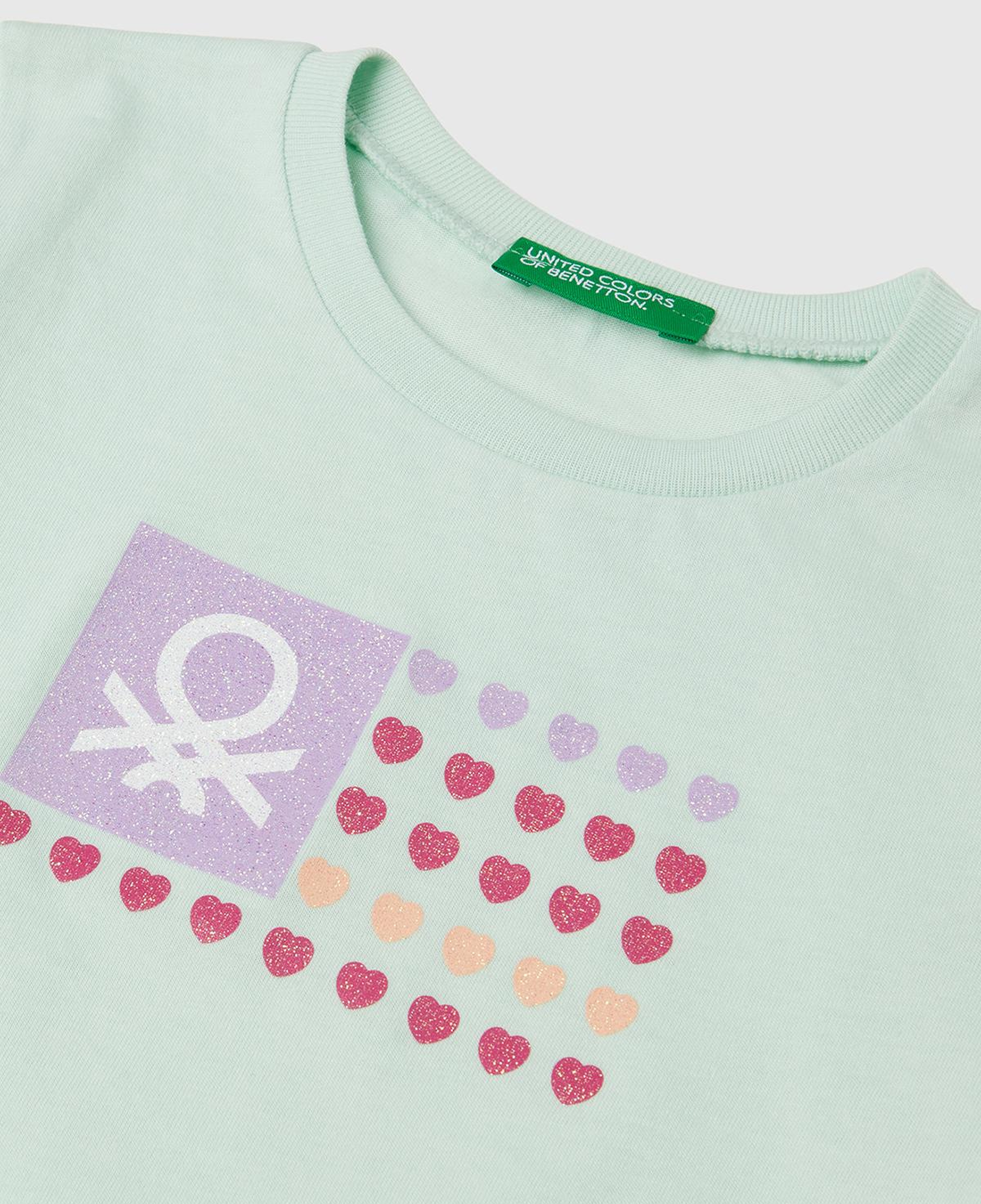 Kız Çocuk Su Yeşili Simli Benetton Logo Baskılı T-Shirt