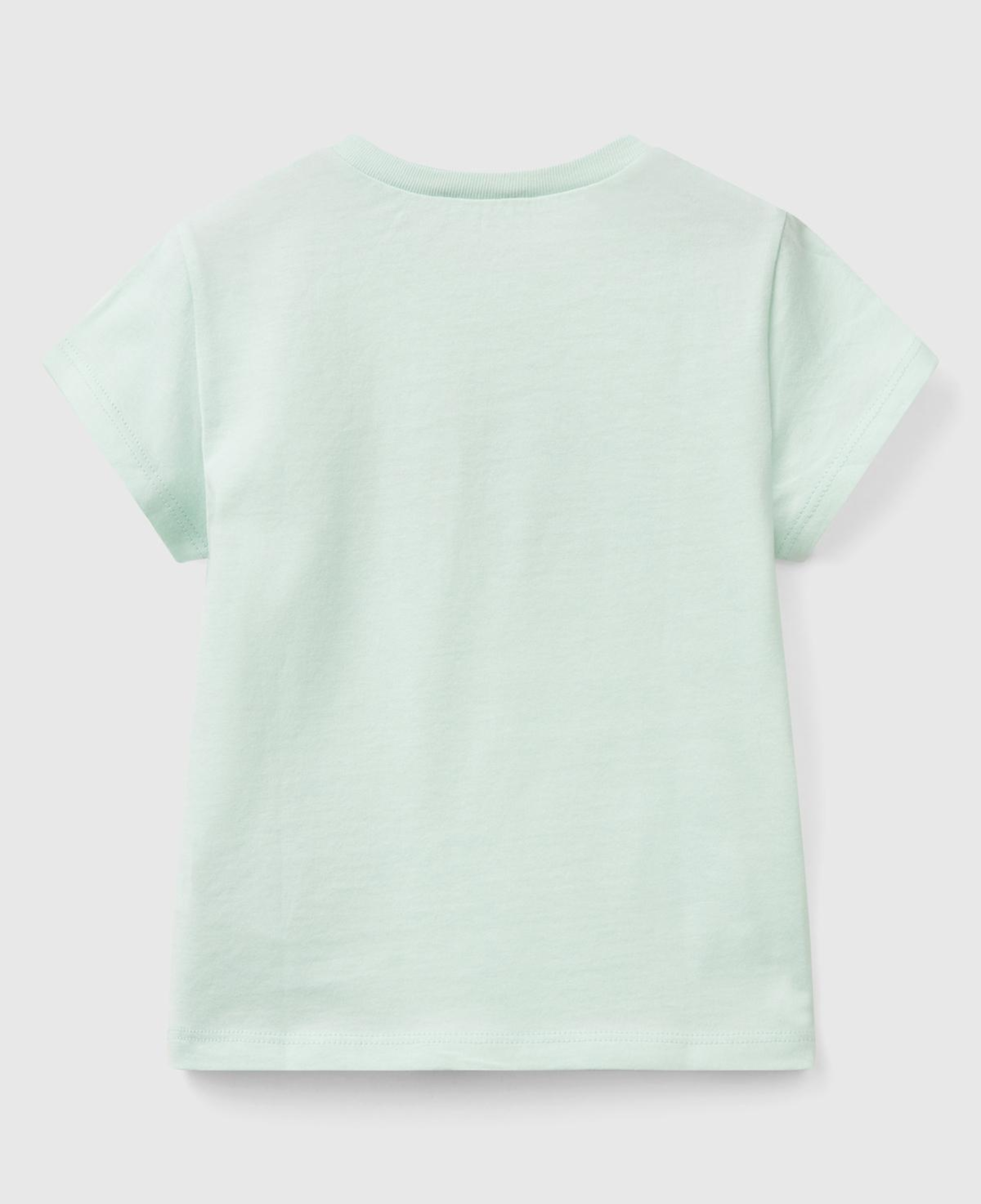 Kız Çocuk Su Yeşili Simli Benetton Logo Baskılı T-Shirt