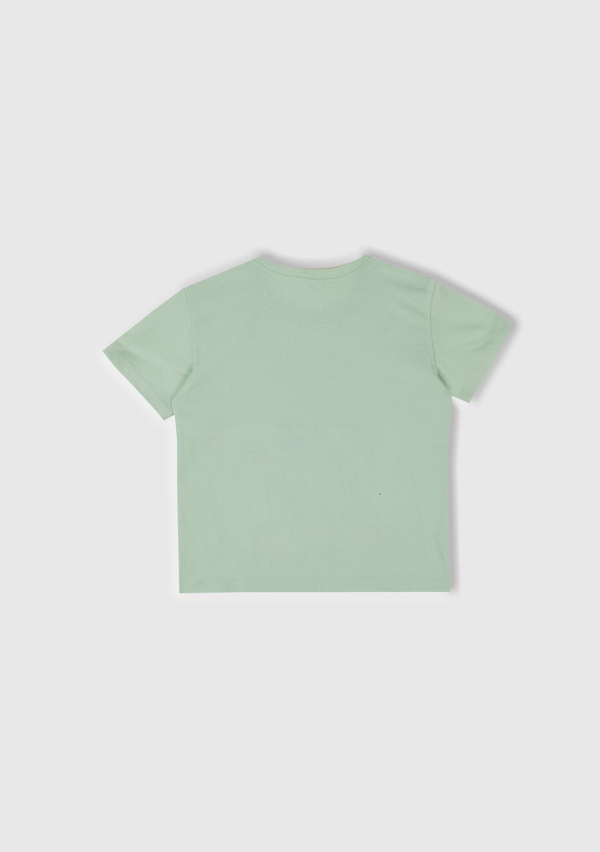 Kız Çocuk Su Yeşili Önü Baskılı Tül Aplikli Yırtmaçlı T-Shirt