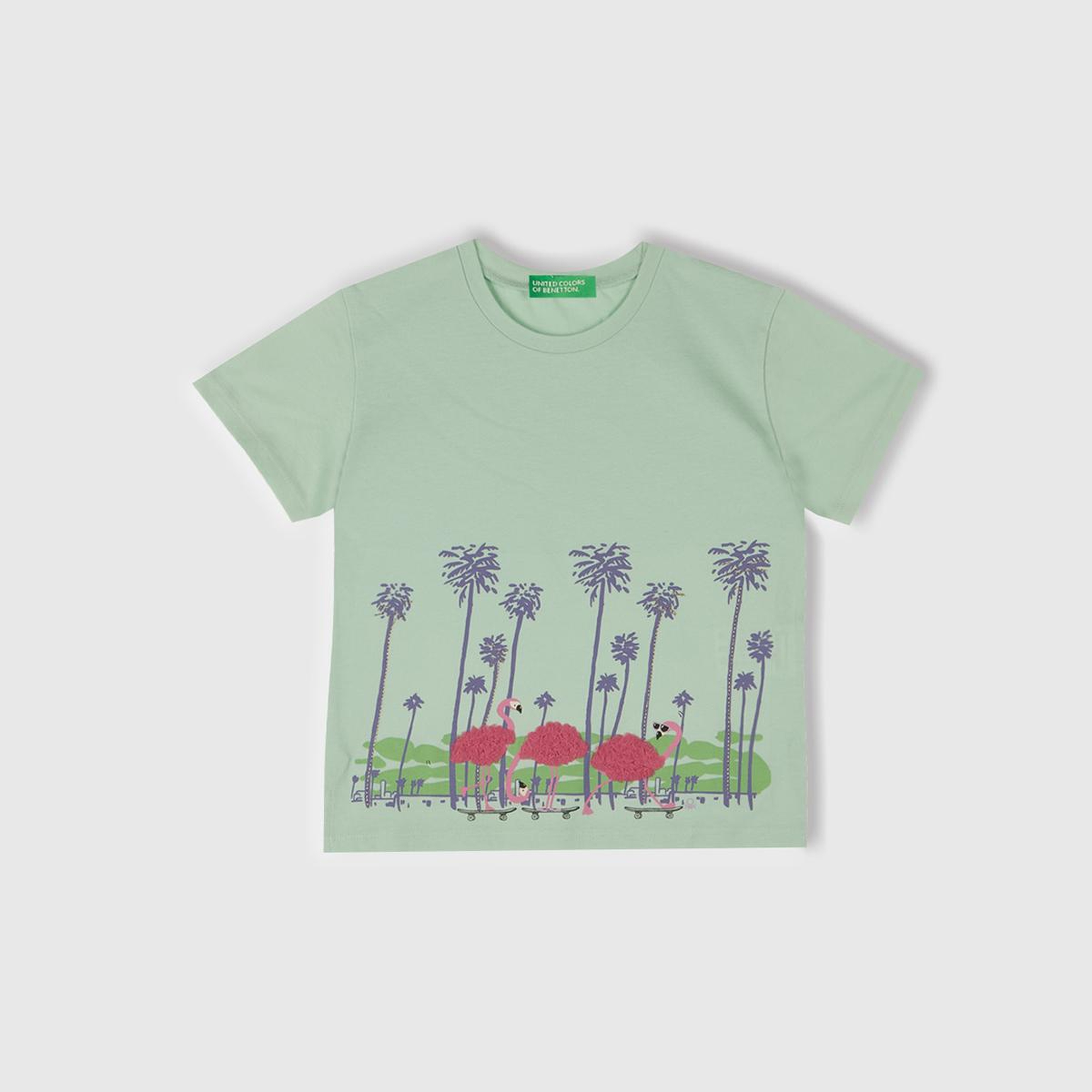 Kız Çocuk Su Yeşili Önü Baskılı Tül Aplikli Yırtmaçlı T-Shirt
