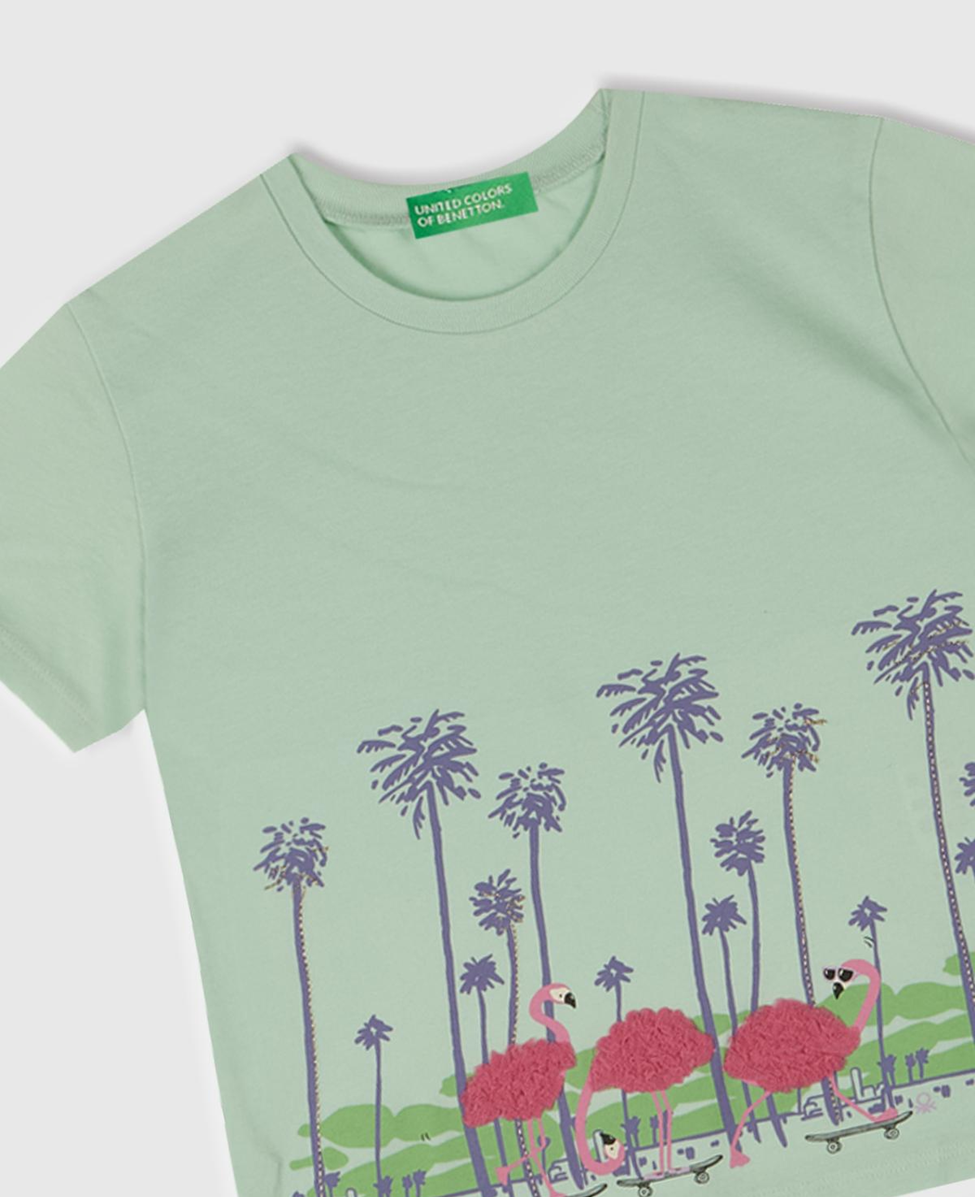 Kız Çocuk Su Yeşili Önü Baskılı Tül Aplikli Yırtmaçlı T-Shirt
