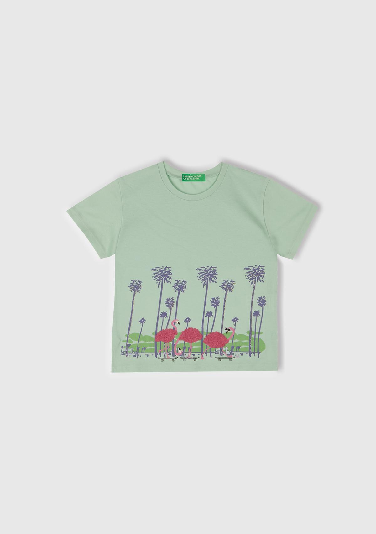 Kız Çocuk Su Yeşili Önü Baskılı Tül Aplikli Yırtmaçlı T-Shirt