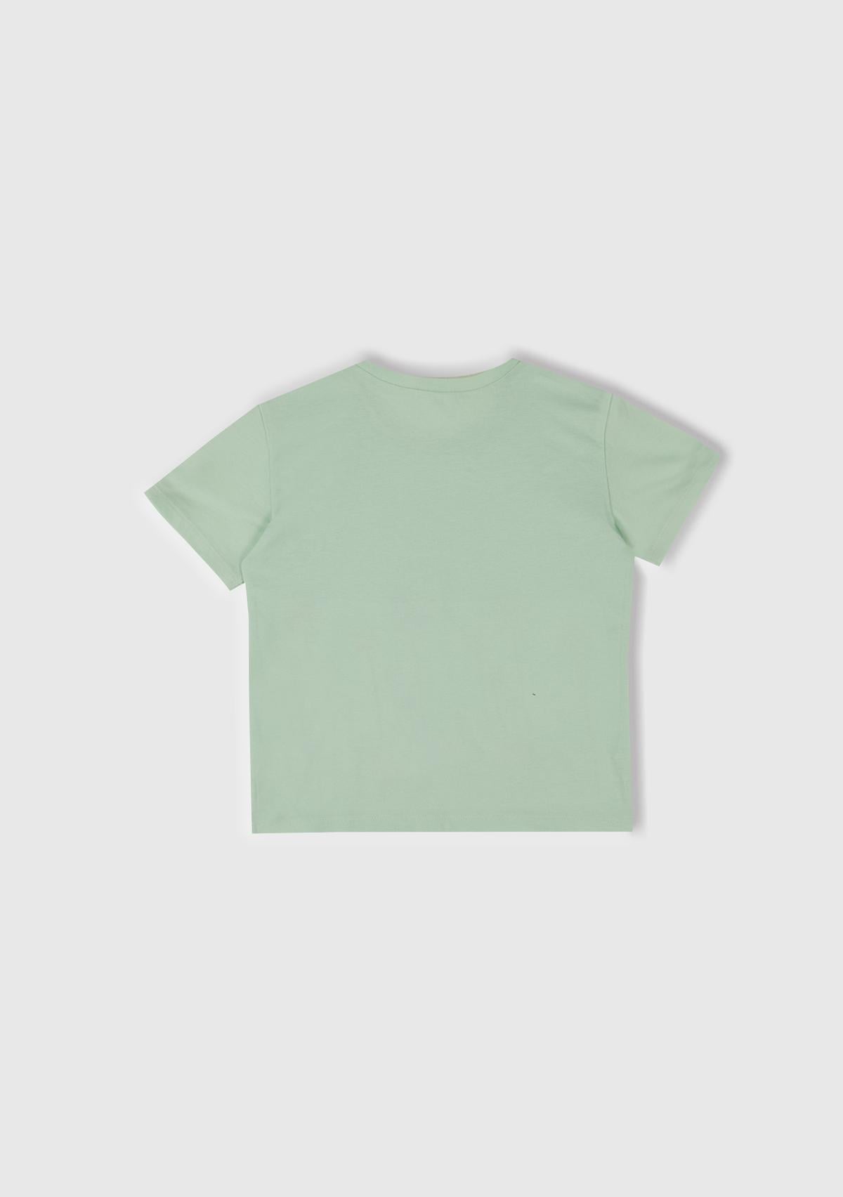 Kız Çocuk Su Yeşili Önü Baskılı Tül Aplikli Yırtmaçlı T-Shirt