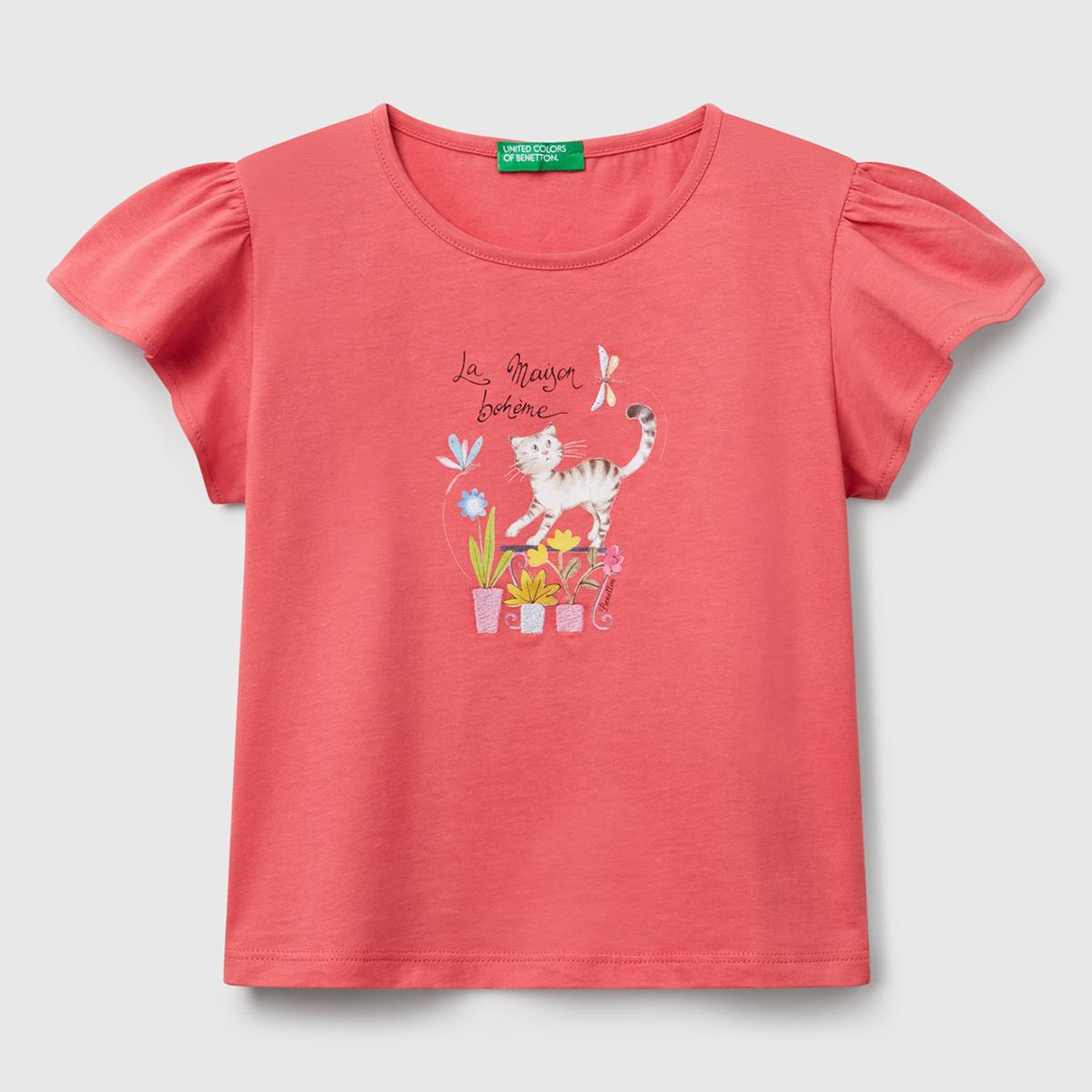 Kız Çocuk Fuşya Nakışlı ve Baskılı Kolu Fırfırlı Regular Fit T-Shirt