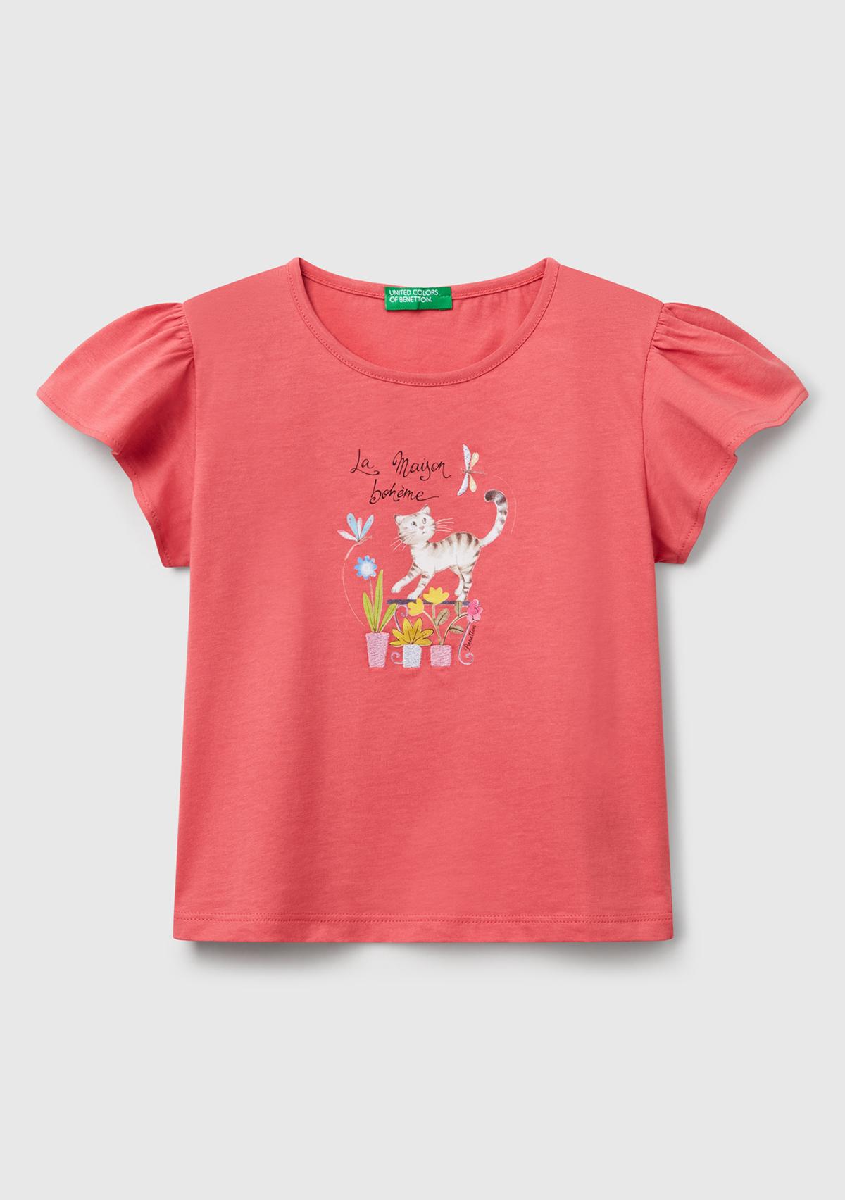 Kız Çocuk Fuşya Nakışlı ve Baskılı Kolu Fırfırlı Regular Fit T-Shirt