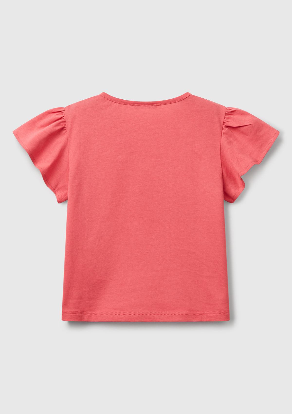 Kız Çocuk Fuşya Nakışlı ve Baskılı Kolu Fırfırlı Regular Fit T-Shirt