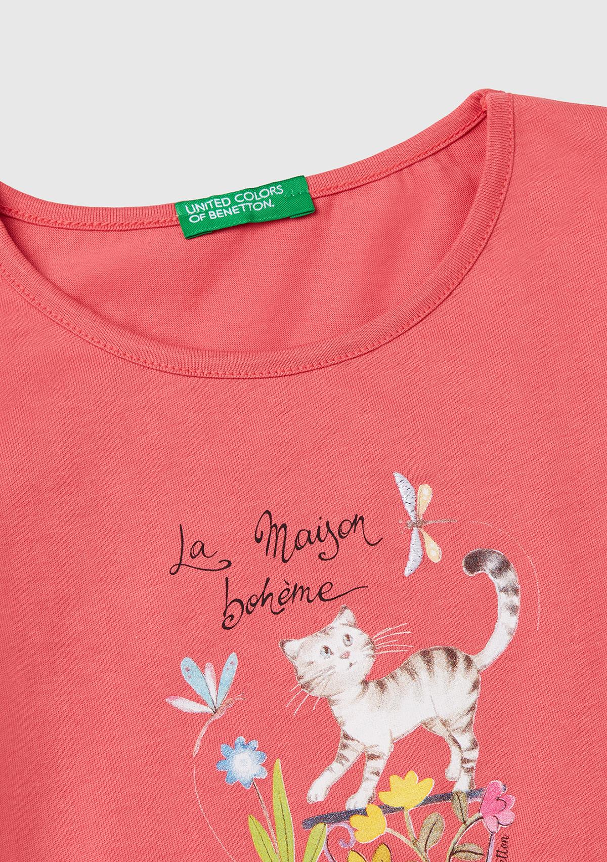 Kız Çocuk Fuşya Nakışlı ve Baskılı Kolu Fırfırlı Regular Fit T-Shirt