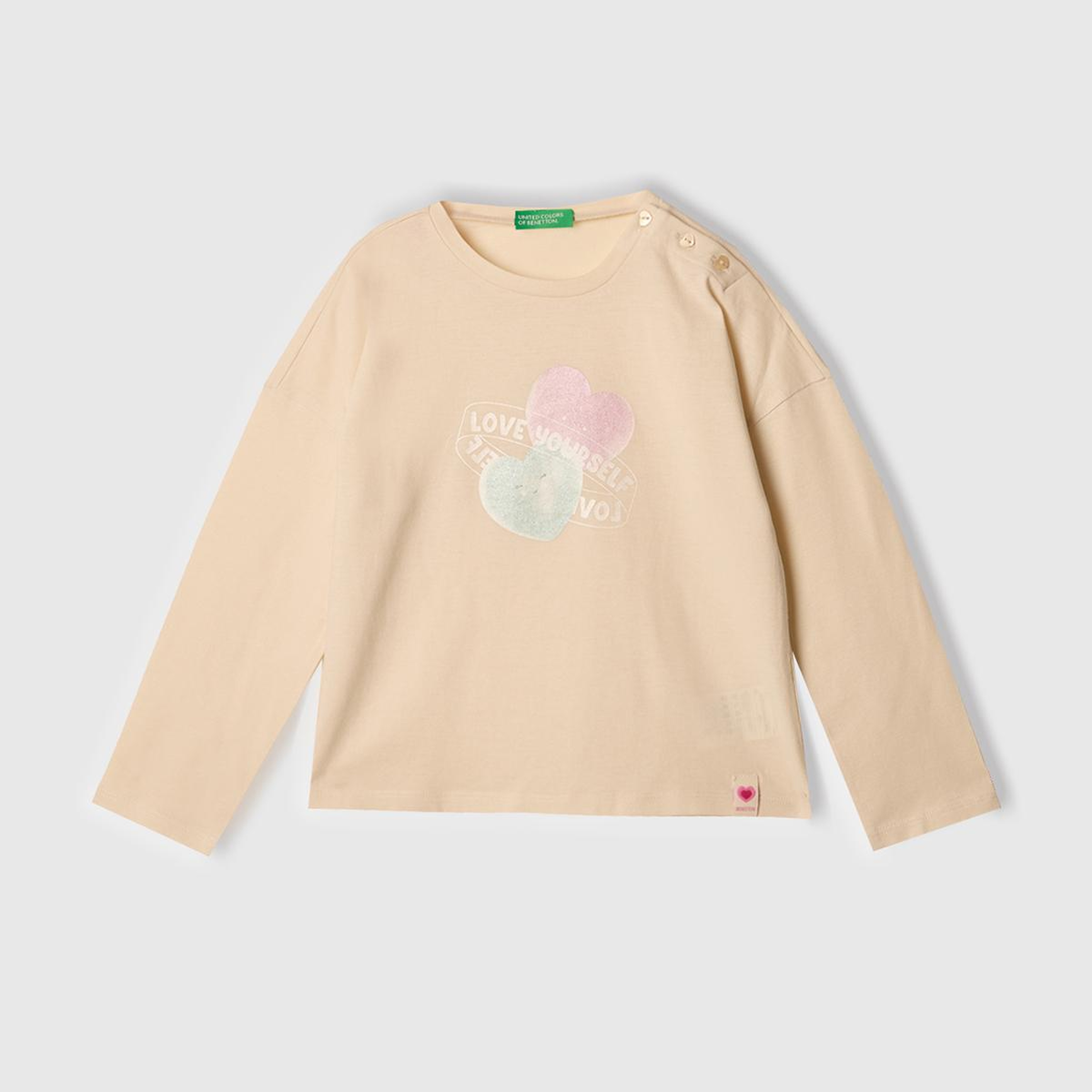Kız Çocuk Krem Baskılı Logo Etiketli Kalp Düğmeli T-Shirt