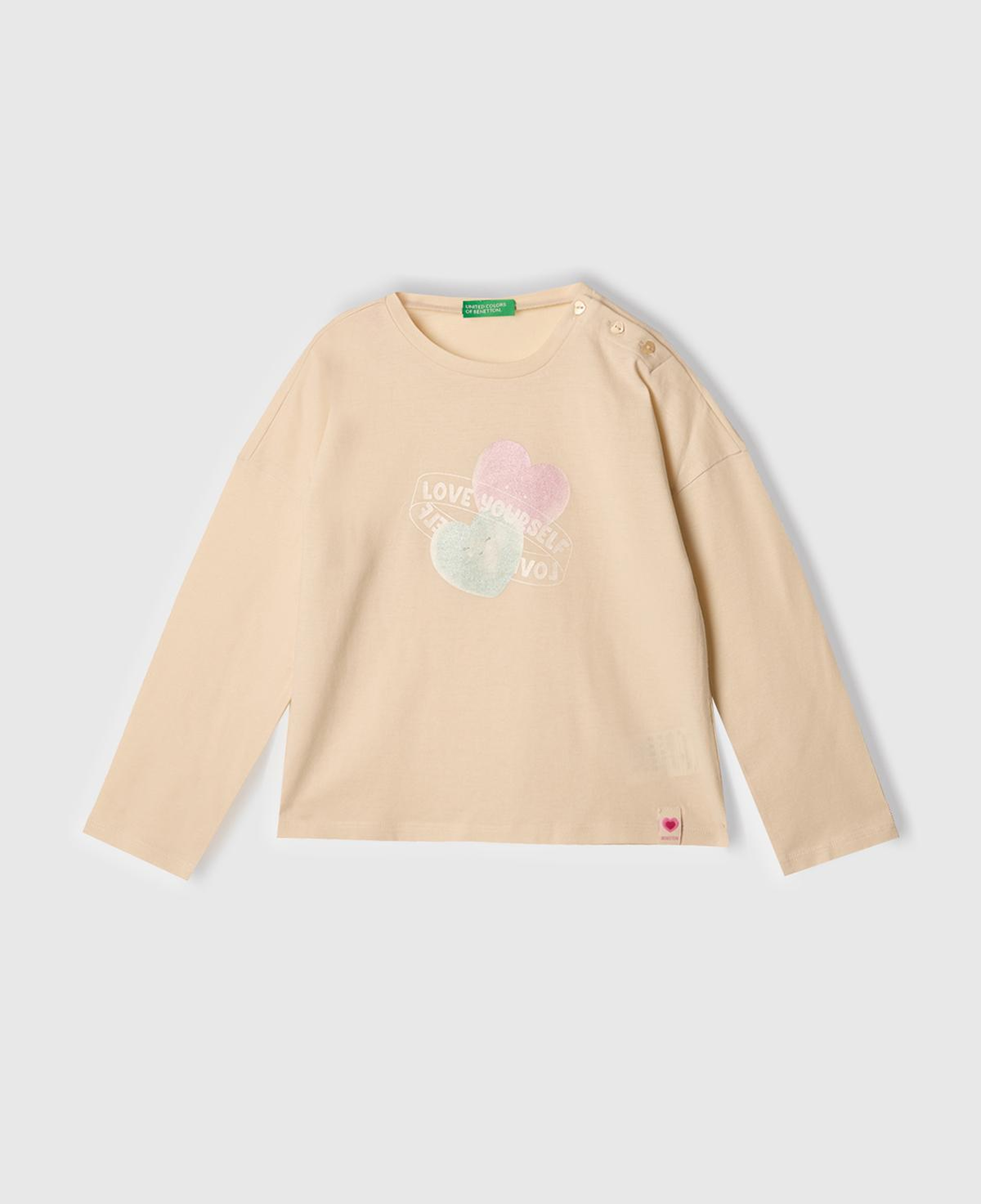 Kız Çocuk Krem Baskılı Logo Etiketli Kalp Düğmeli T-Shirt
