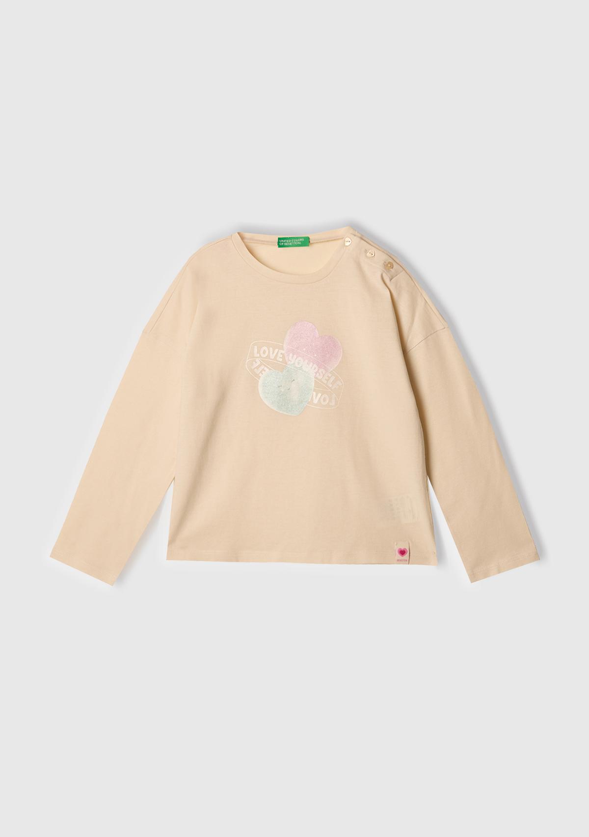 Kız Çocuk Krem Baskılı Logo Etiketli Kalp Düğmeli T-Shirt