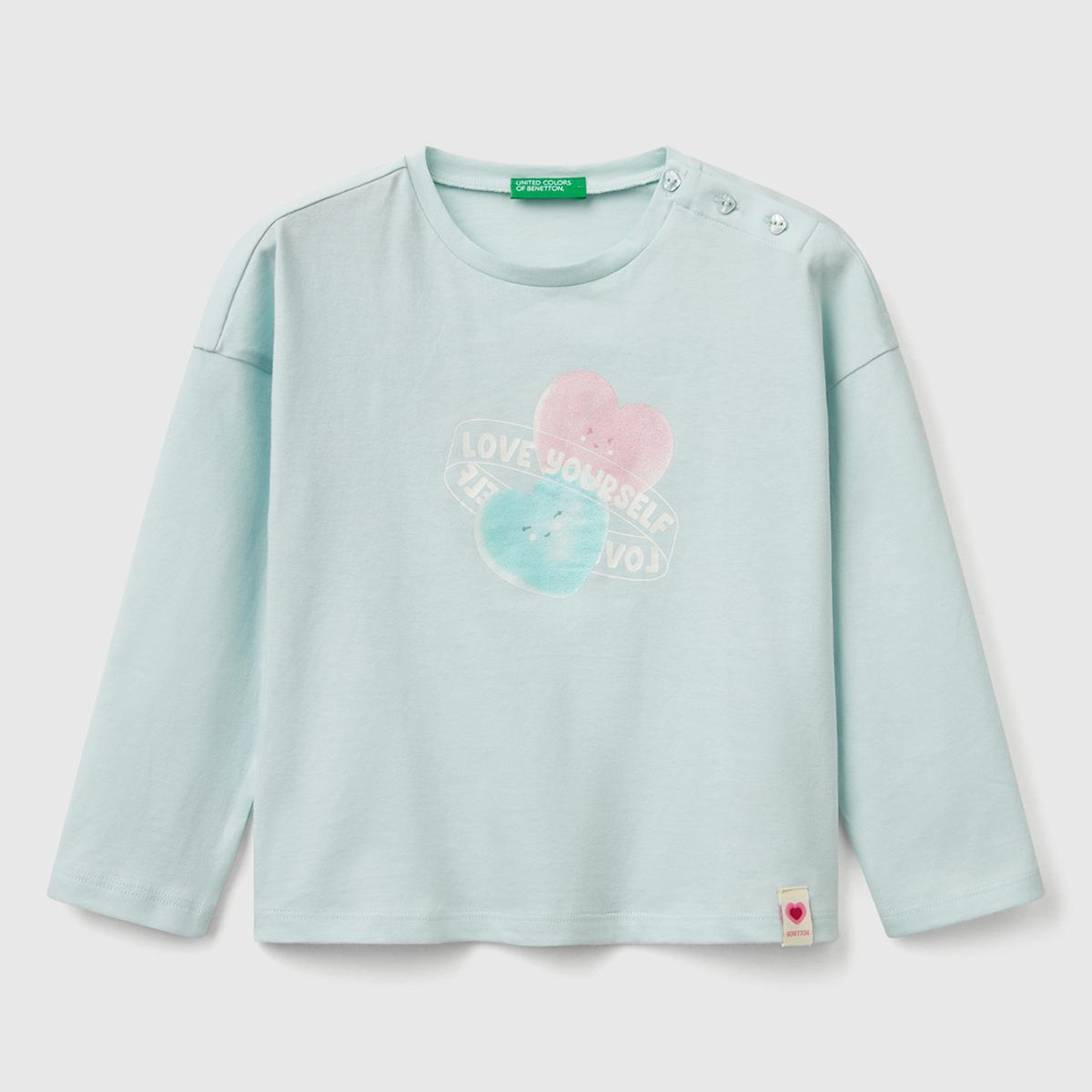 Kız Çocuk Su Yeşili Baskılı Logo Etiketli Kalp Düğmeli T-Shirt