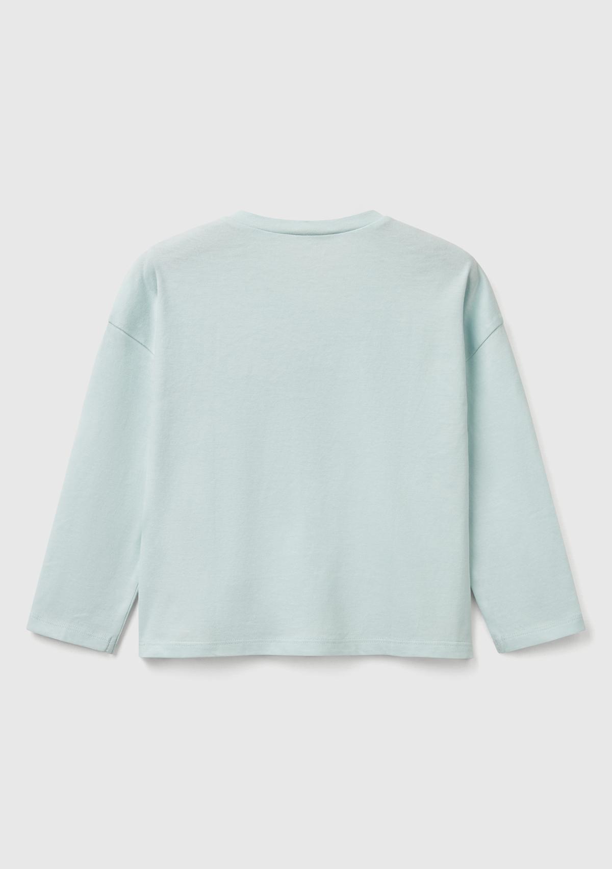 Kız Çocuk Su Yeşili Baskılı Logo Etiketli Kalp Düğmeli T-Shirt