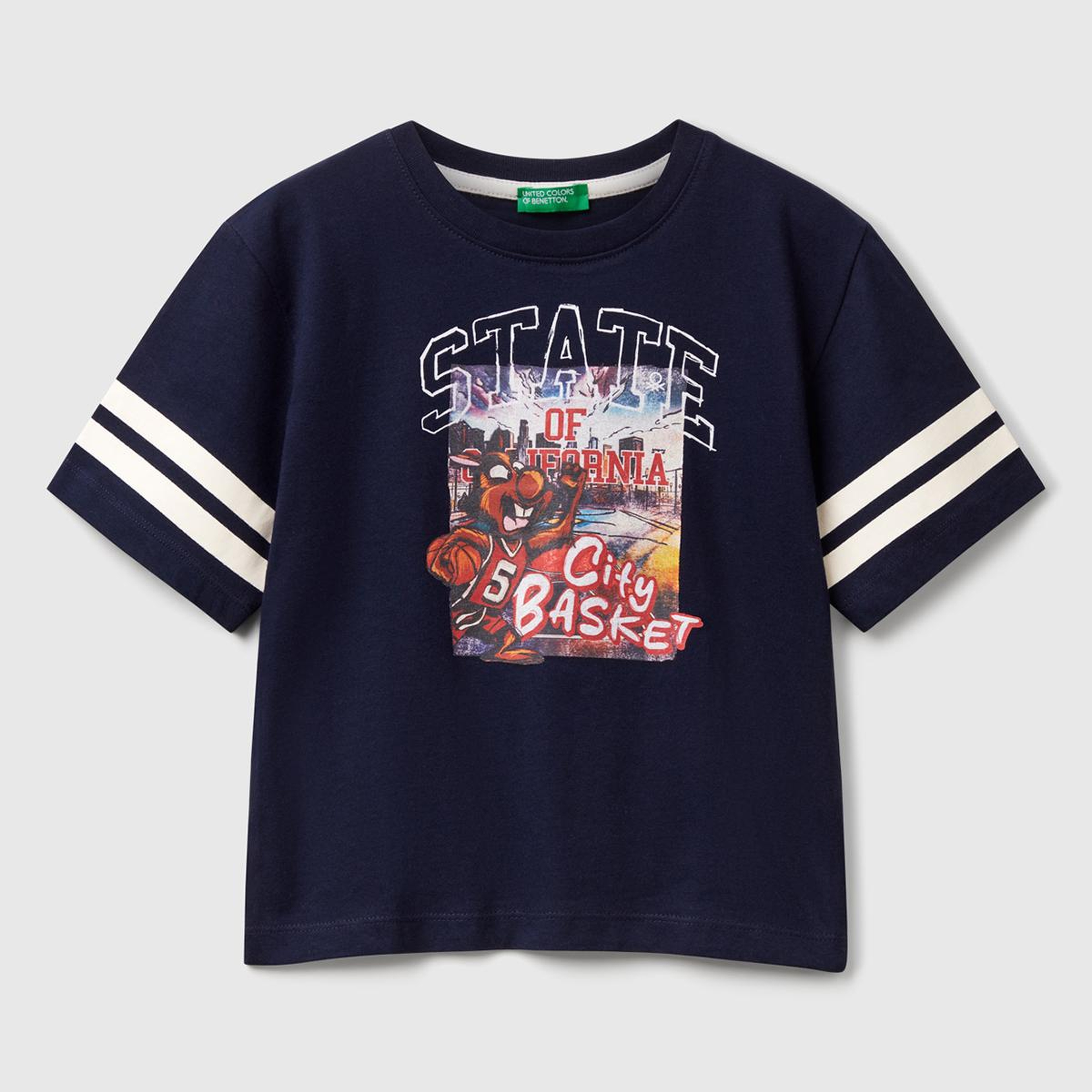 Erkek Çocuk Lacivert Fotoğraf Baskılı Kolu Çizgili Oversize T-Shirt