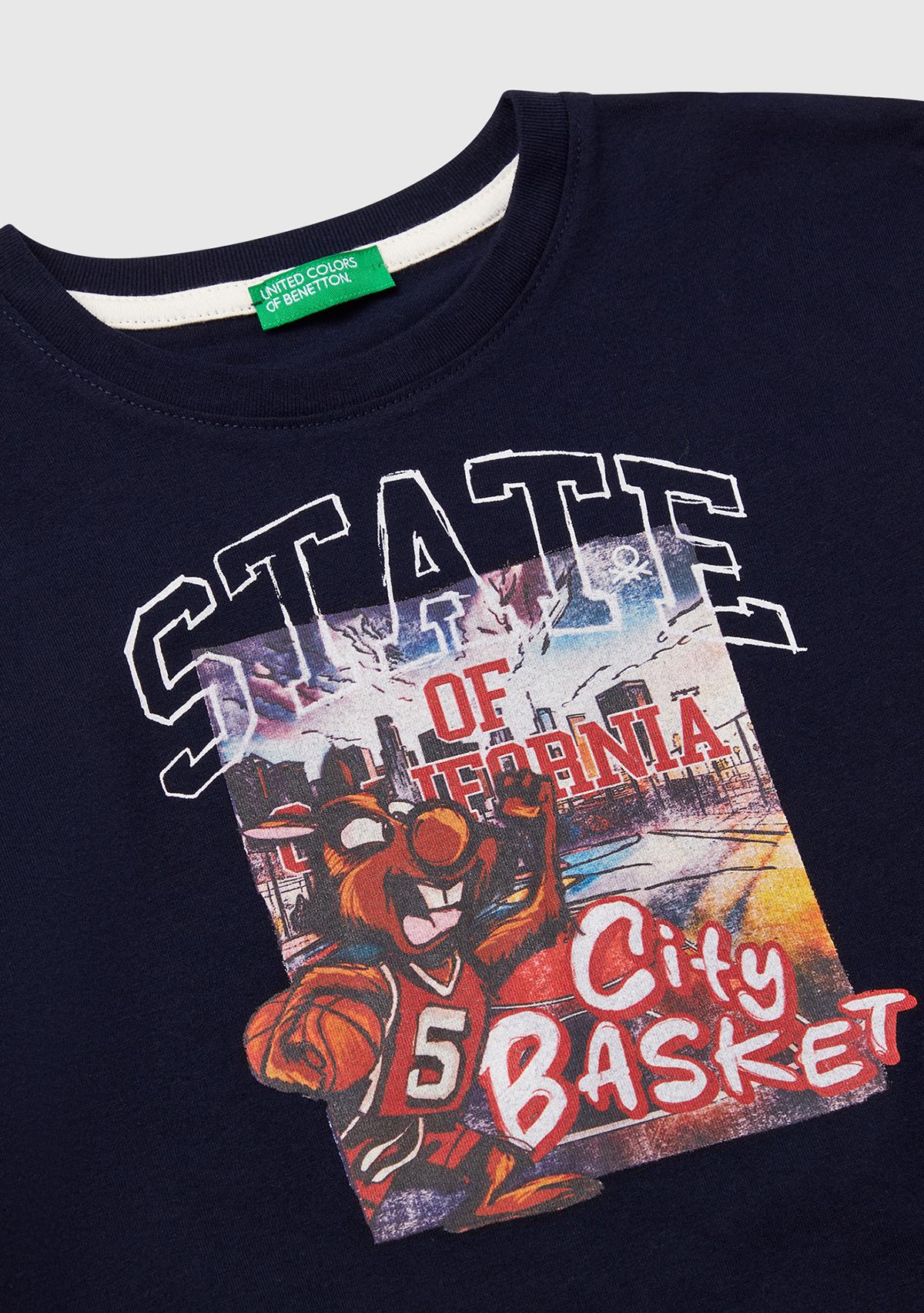 Erkek Çocuk Lacivert Fotoğraf Baskılı Kolu Çizgili Oversize T-Shirt
