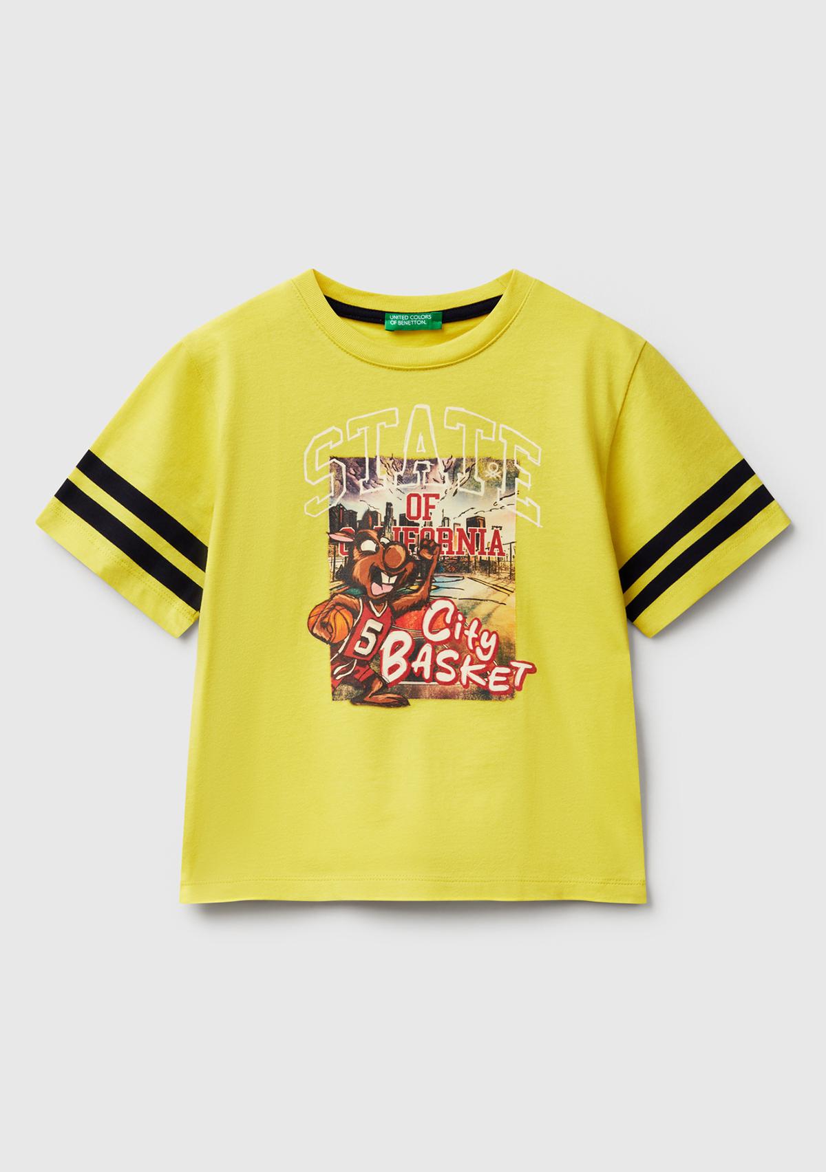 Erkek Çocuk Sarı Fotoğraf Baskılı Kolu Çizgili Oversize T-Shirt