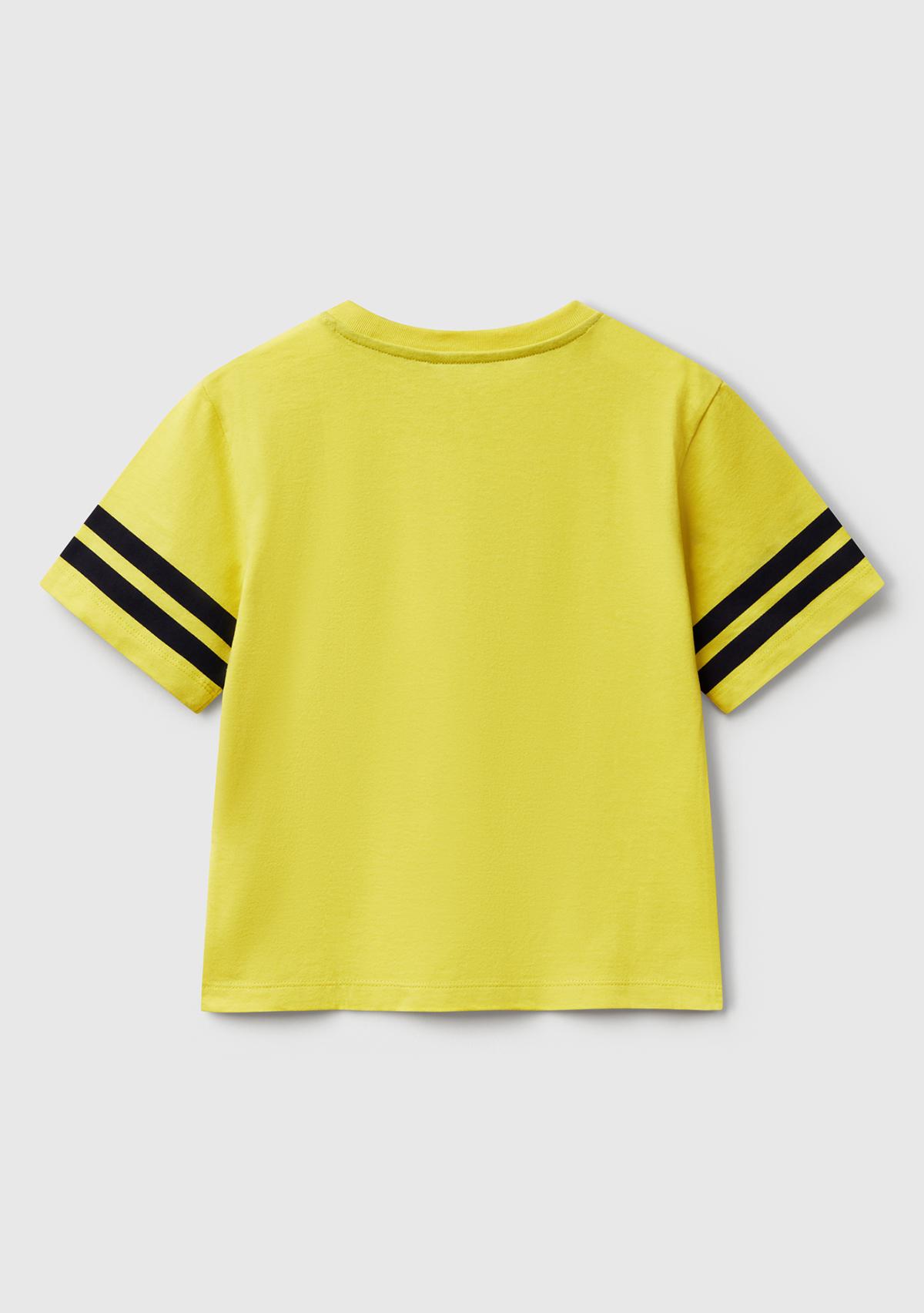 Erkek Çocuk Sarı Fotoğraf Baskılı Kolu Çizgili Oversize T-Shirt