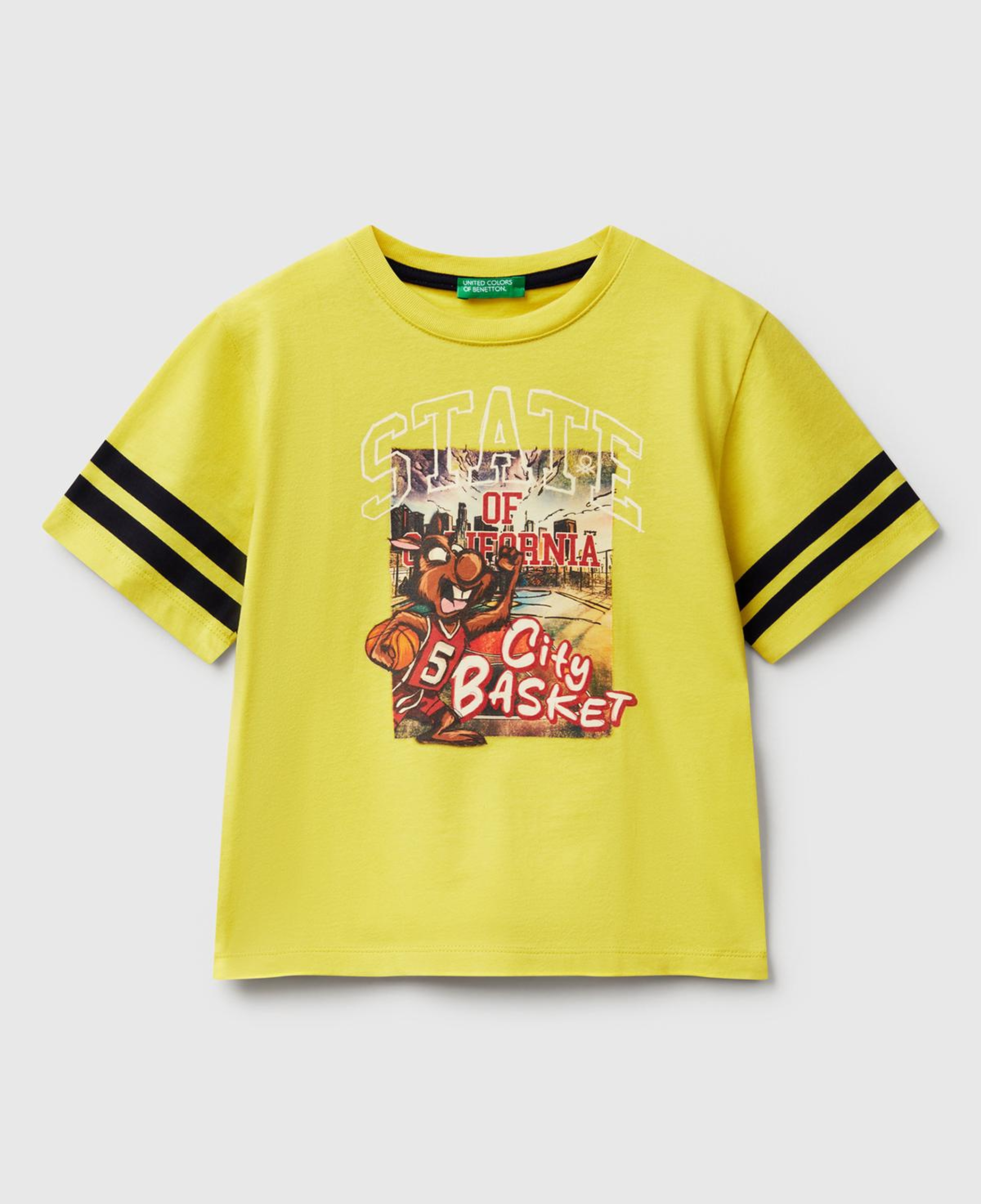 Erkek Çocuk Sarı Fotoğraf Baskılı Kolu Çizgili Oversize T-Shirt