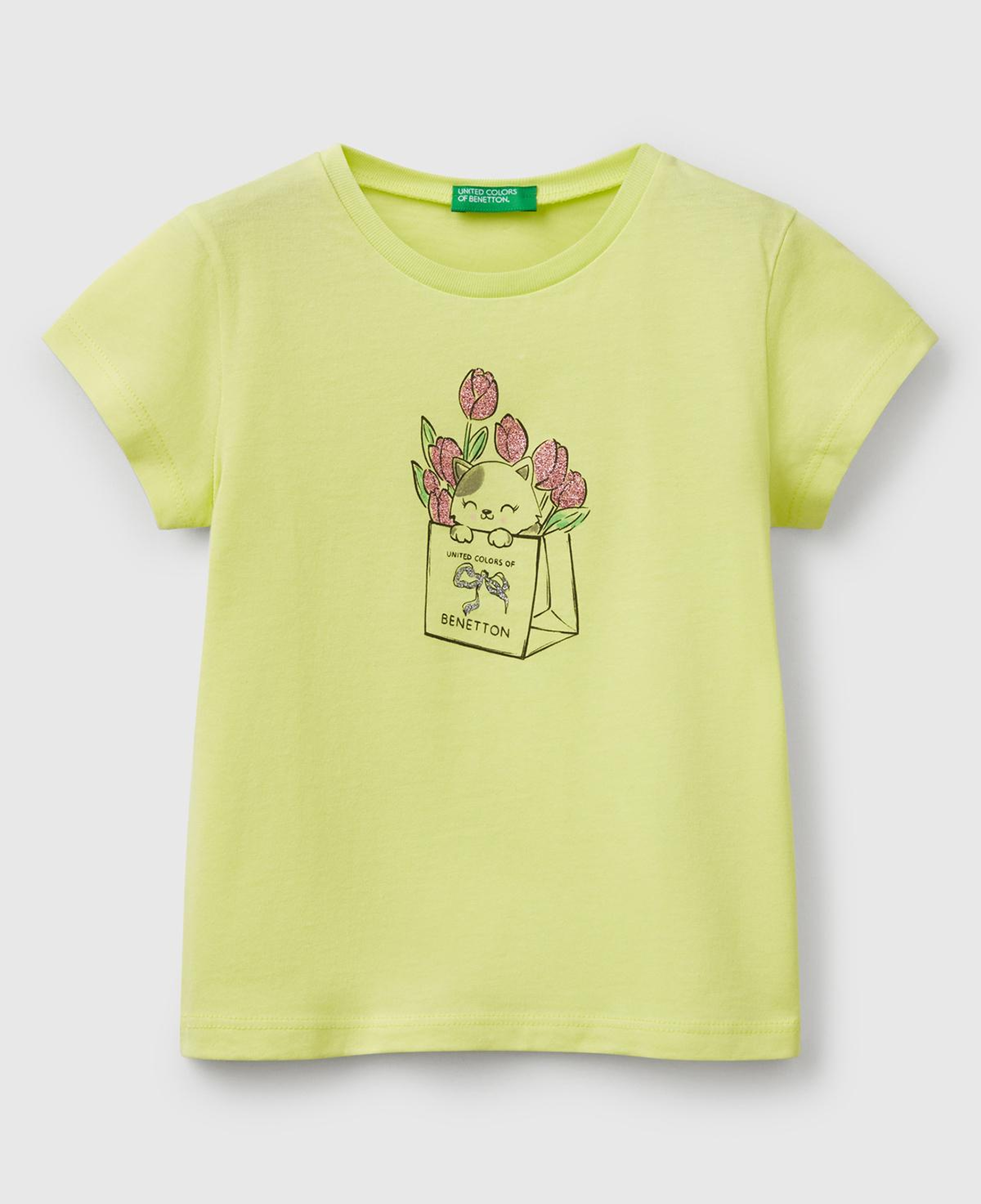 Kız Çocuk Sarı Simli ve Grafik Baskılı T-Shirt