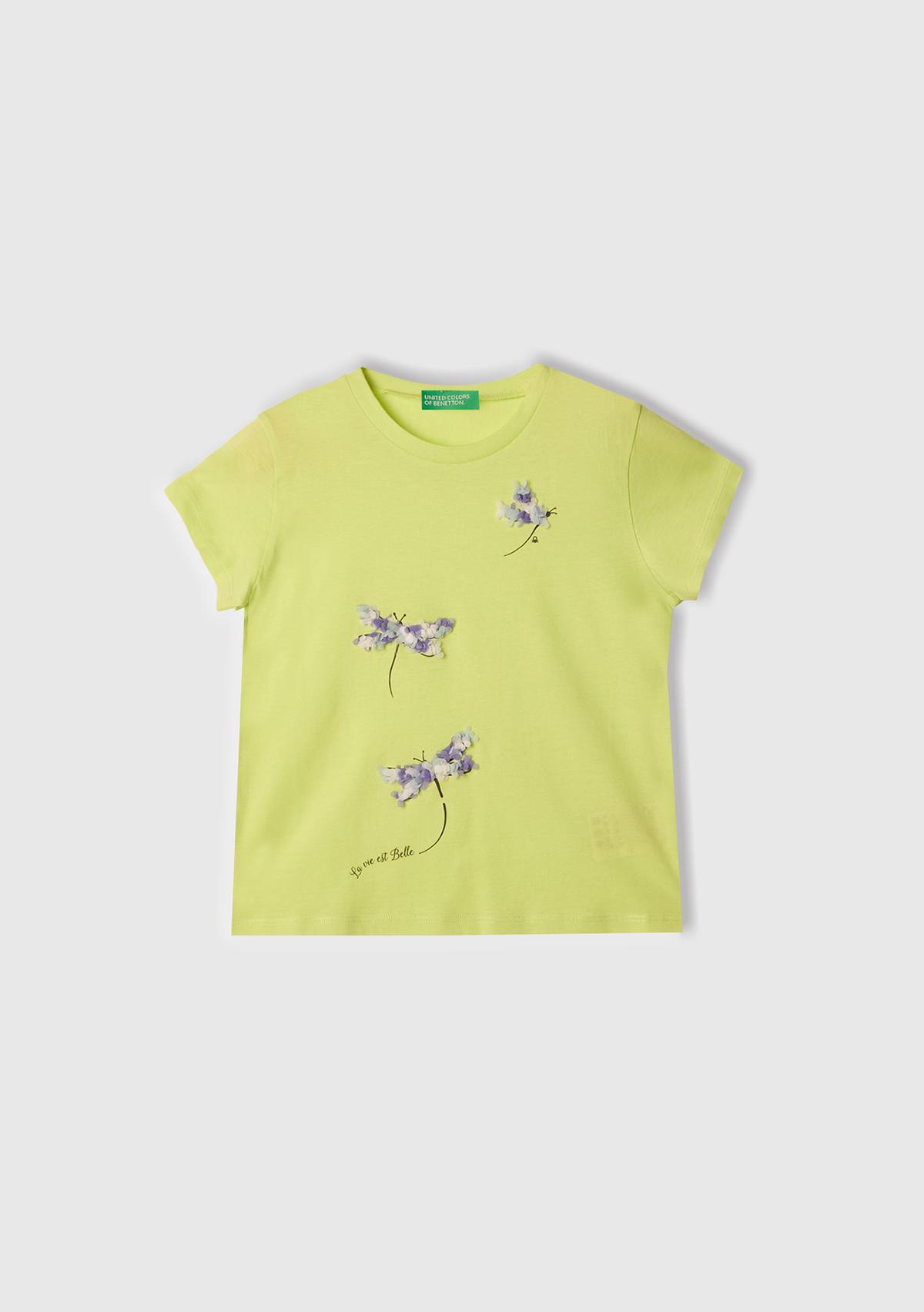 Kız Çocuk Sarı Nakışlı ve Baskılı T-Shirt