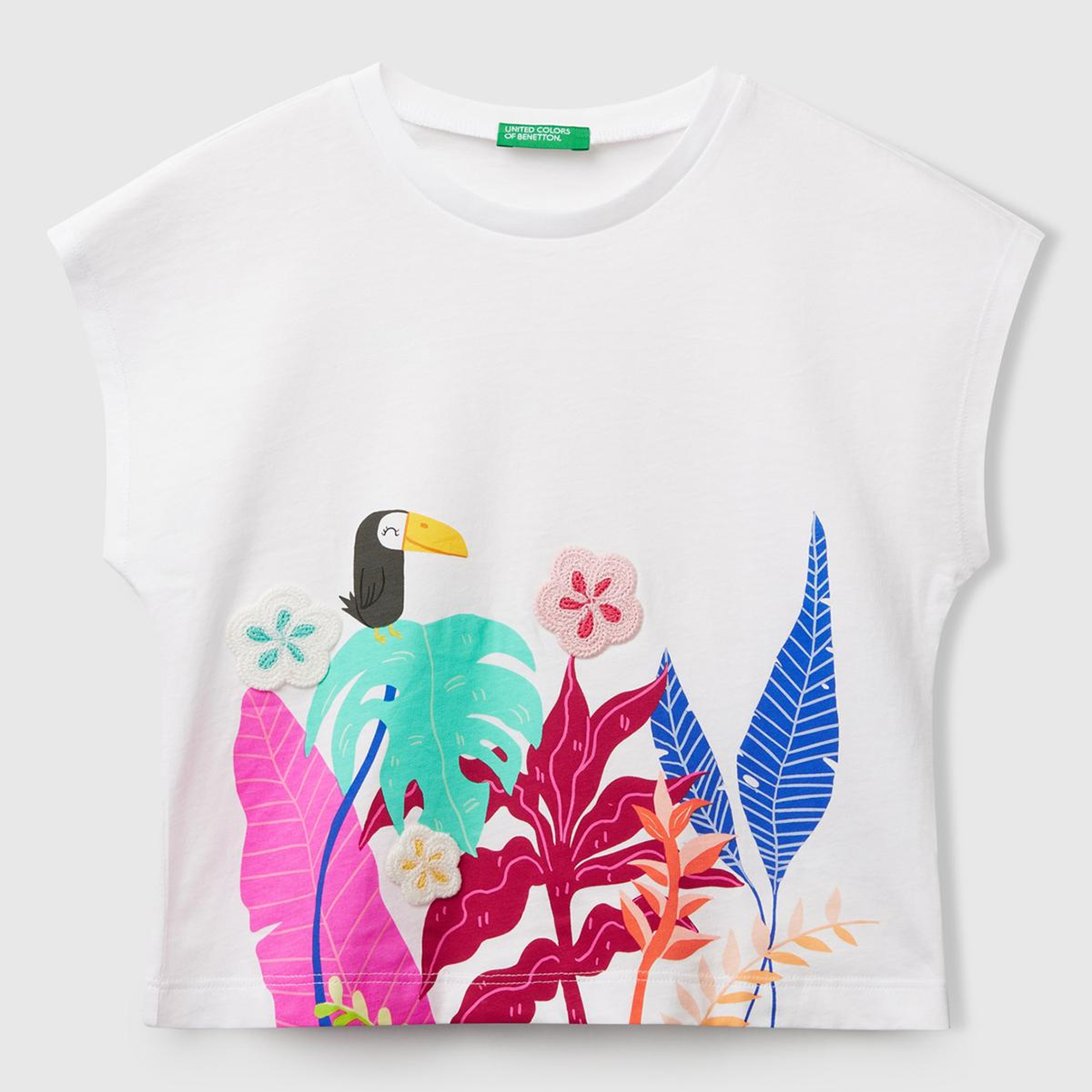 Kız Çocuk Beyaz Mix Kroşe Detaylı Kimono Kollu T-Shirt